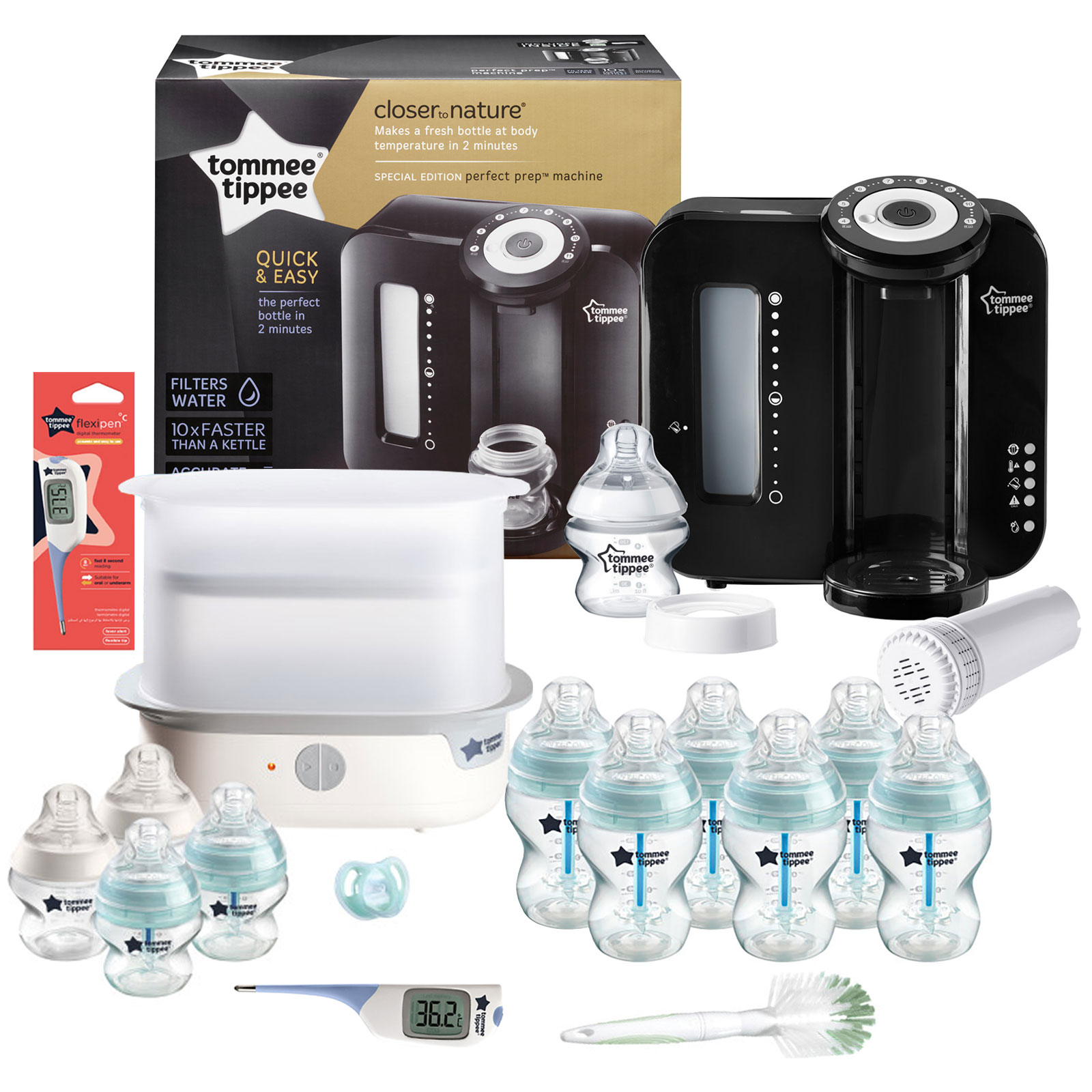 Tommee Tippee 16pc Perfect Prep Machine Complete Steriliser Anti-Colic Baby Bottle and Thermometer Feeding Bundle - Black / Natural Blue