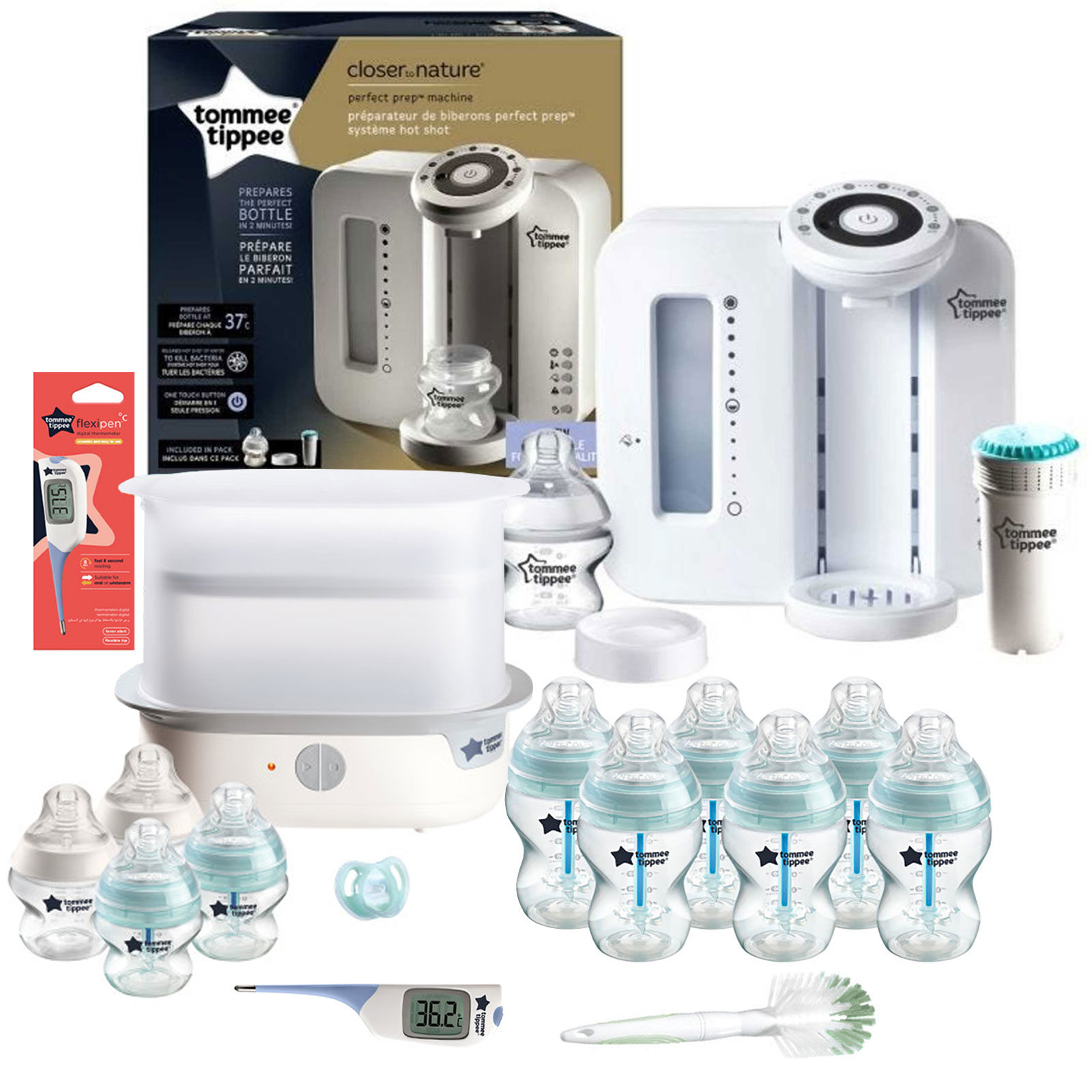 Tommee Tippee 16pc Perfect Prep Machine Complete Steriliser Anti-Colic Baby Bottle and Thermometer Feeding Bundle - White / Natural Blue
