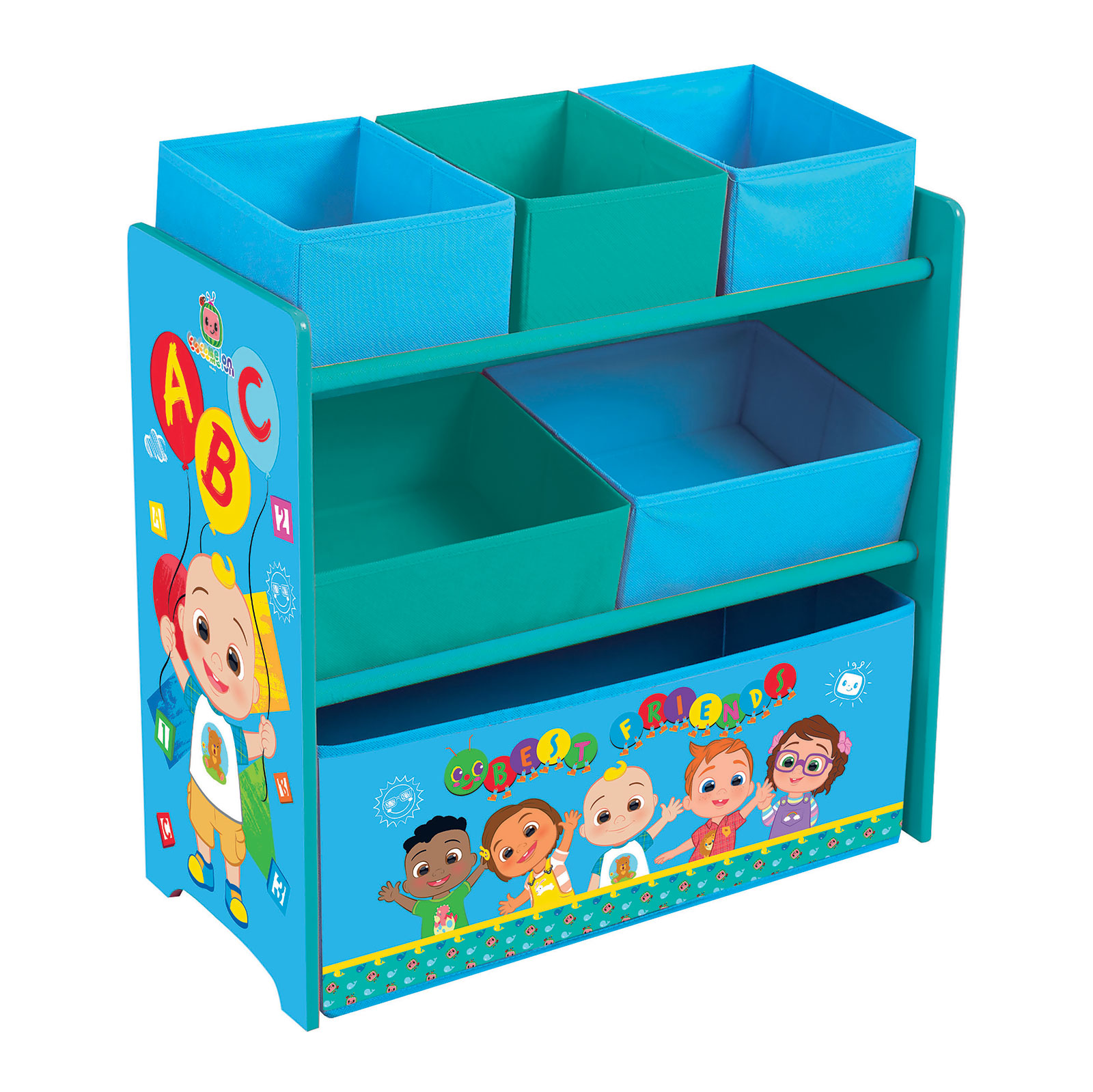 Cocomelon Wooden Toy Organiser with 6 Storage Bins  – Blue