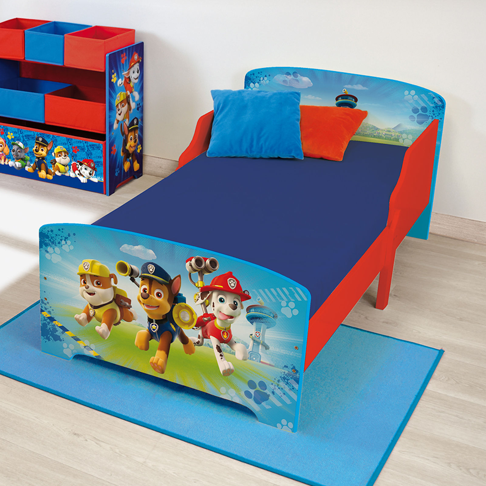 Paw Patrol Wooden Junior Toddler Bed with Eco Fibre Hypo Allergenic Toddler Bed Mattress – Blue/White
