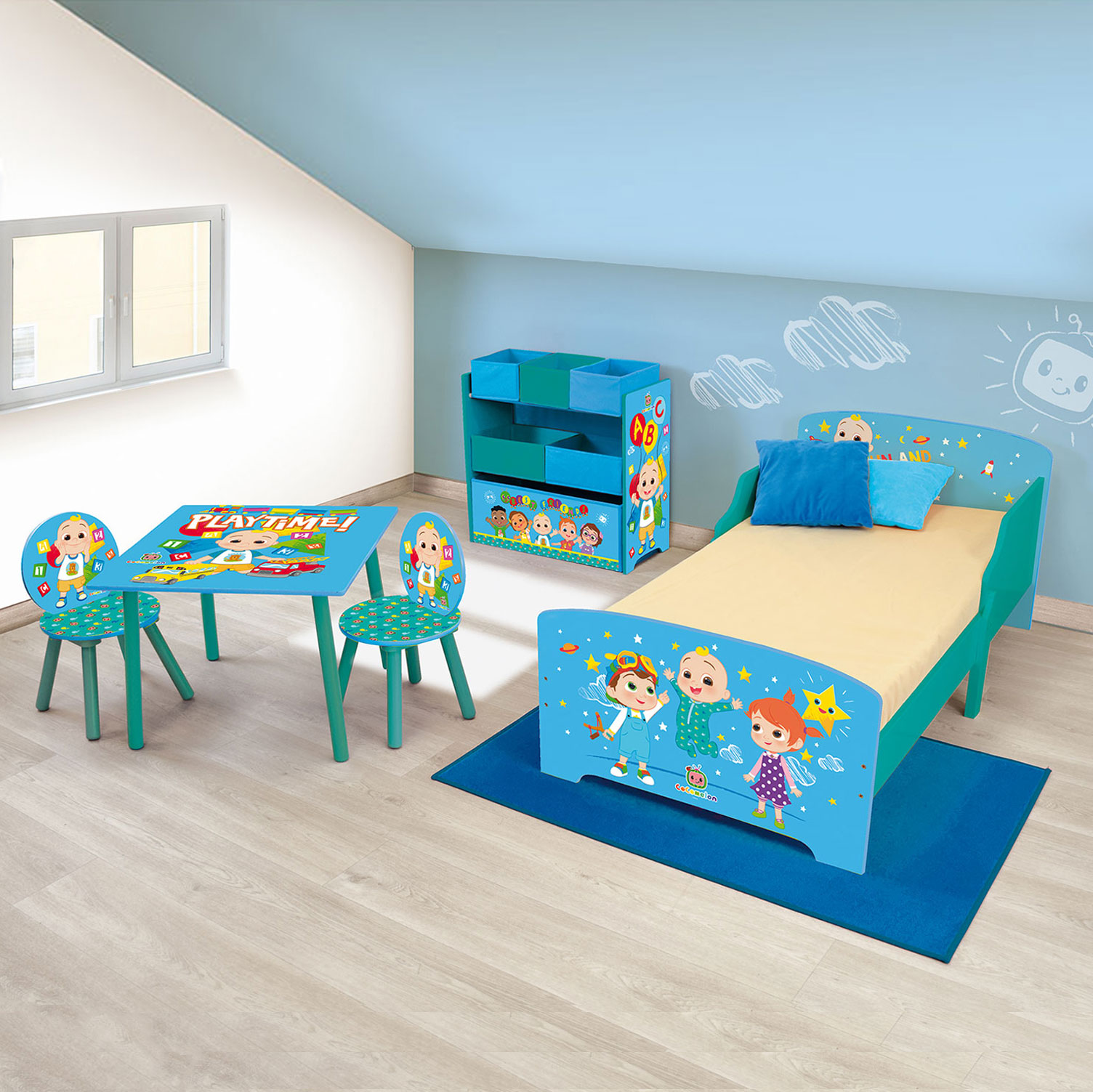 Cocomelon Wooden Junior Toddler Bed, Toy Organiser and Table & Chairs Set – Blue