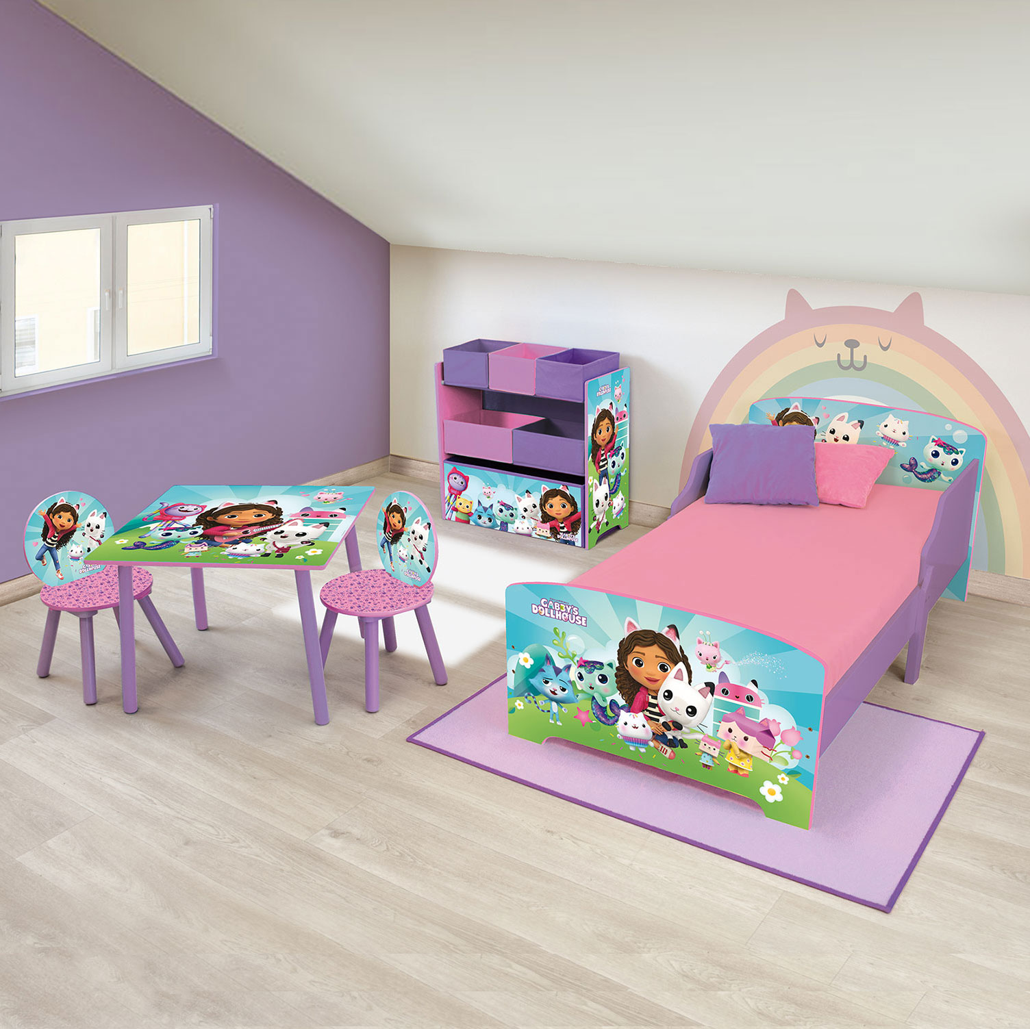 Gabby's Dollhouse Wooden Junior Toddler Bed, Toy Organiser and Table & Chairs Set – Purple