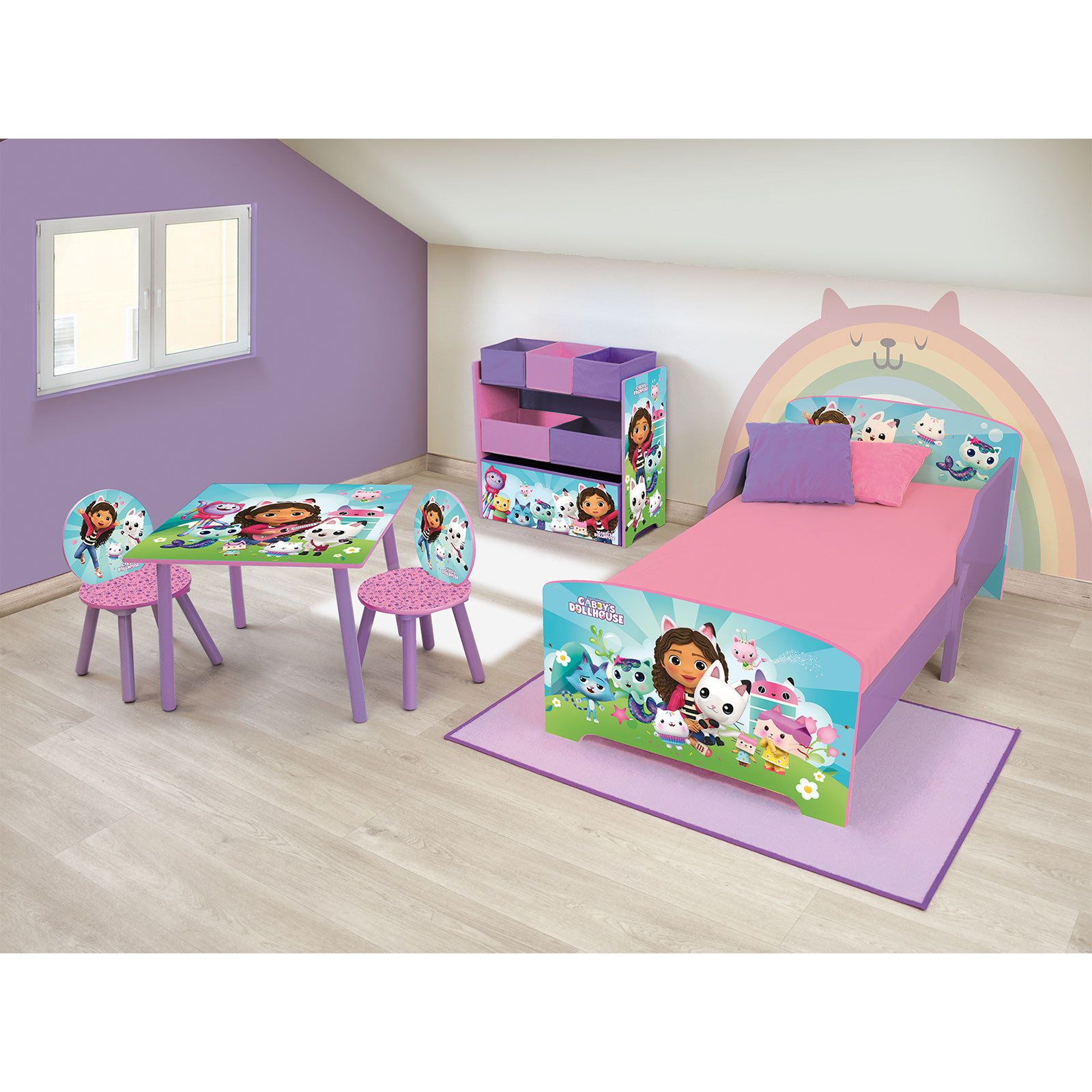 Gabby's Dollhouse Wooden Junior Toddler Bed, Toy Organiser and Table & Chairs Set – Purple