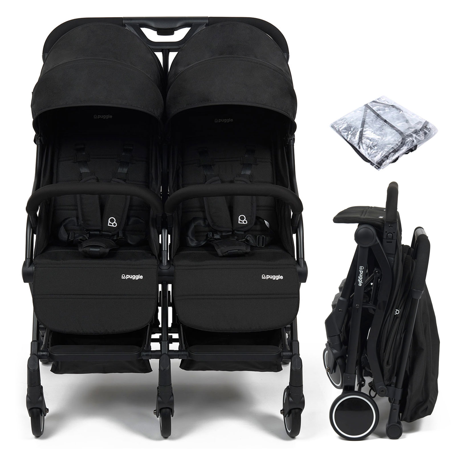 Puggle City Traveller Compact Fold Twin Pushchair (12.2kg) – Storm Black
