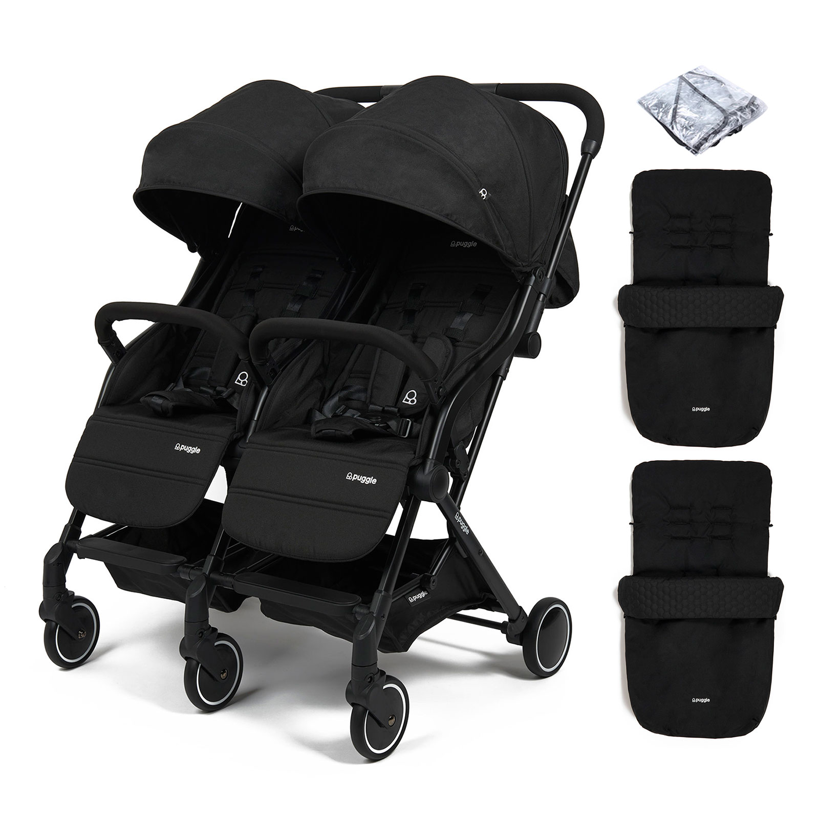 Puggle City Traveller Compact Fold Twin Pushchair with 2 Footmuffs – Storm Black