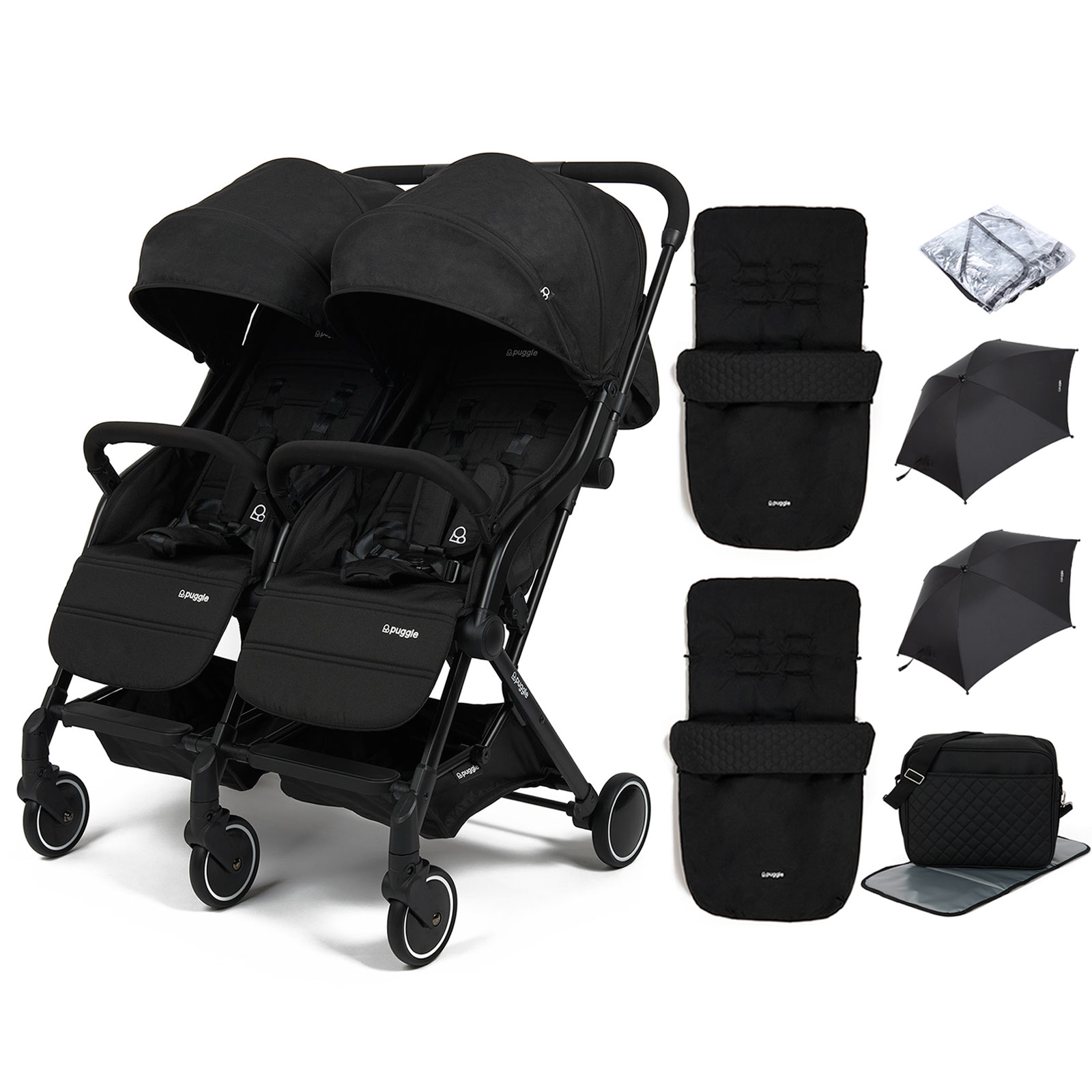 Puggle City Traveller Compact Fold Twin Pushchair with 2 Footmuffs, 2 Parasols & Changing Bag – Storm Black