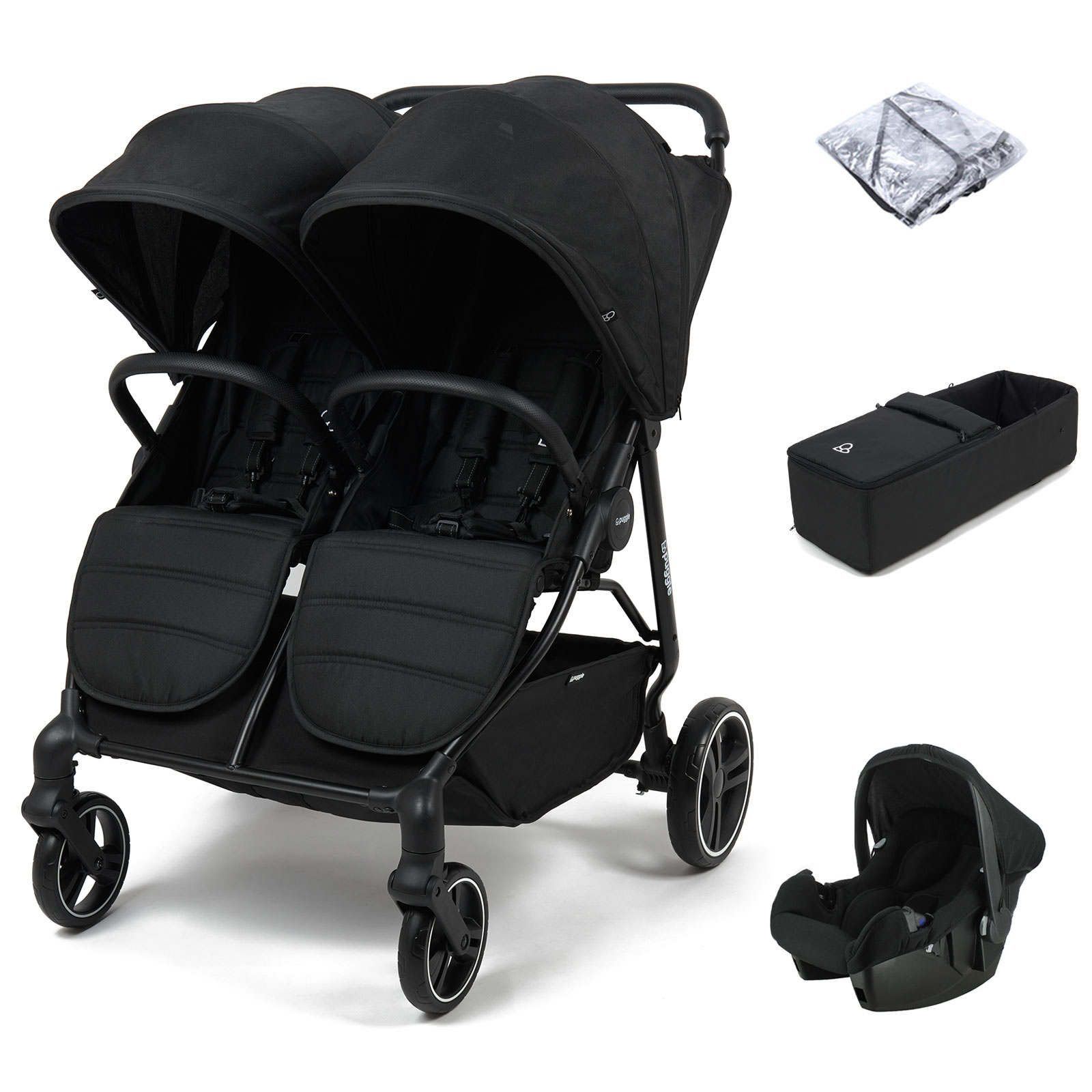 Puggle Urban City Easyfold Twin Travel System Bundle with 1 Beone Car Seat & 1 Soft Carrycot - Storm Black