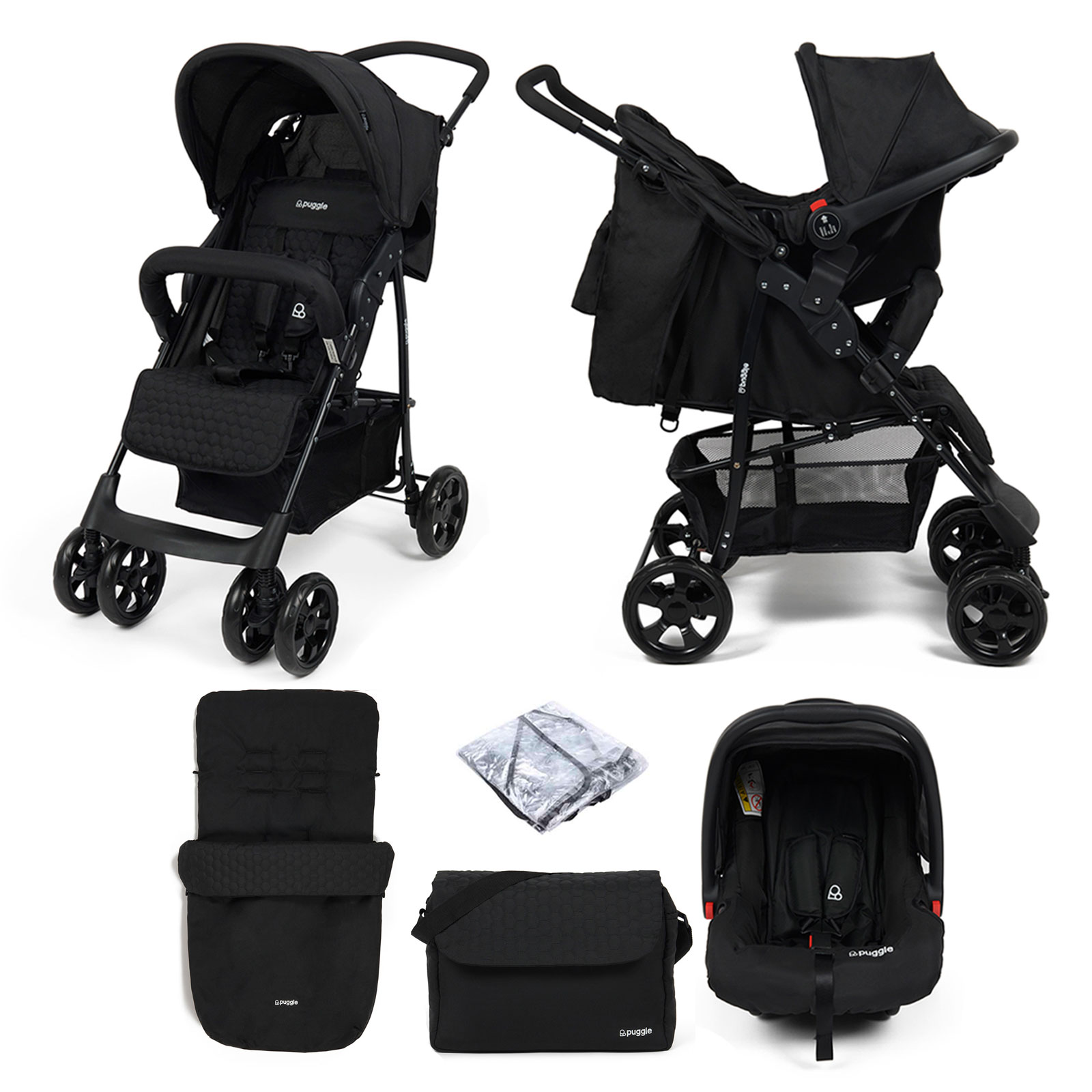Puggle Lowton Luxe 2in1 Travel System with Raincover, Universal Honeycomb Footmuff & Changing Bag – Storm Black