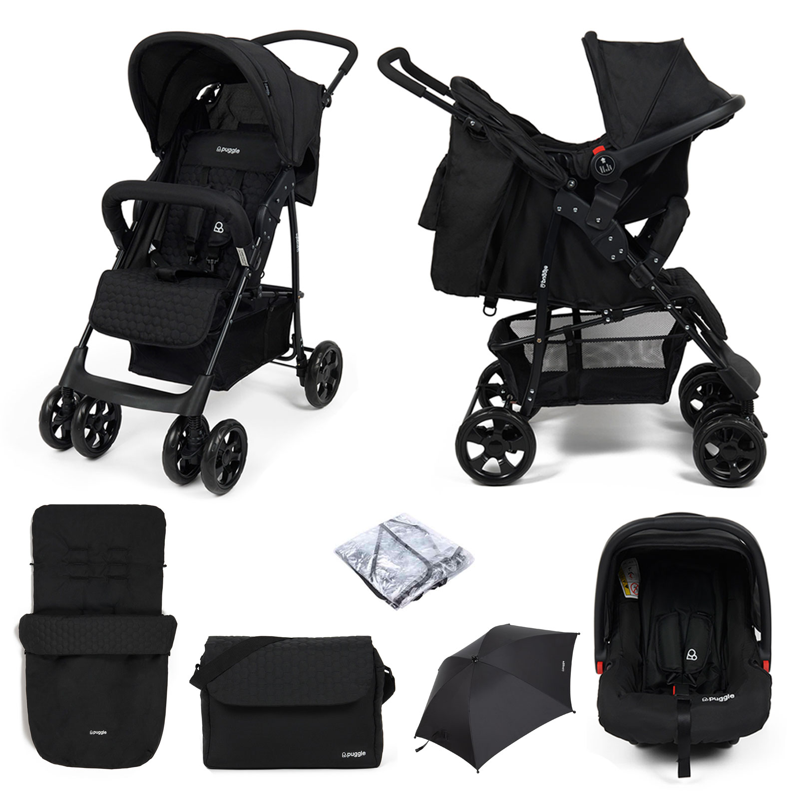Puggle Lowton Luxe 2in1 Travel System with Raincover, Universal Honeycomb Footmuff, Changing Bag & Parasol – Storm Black