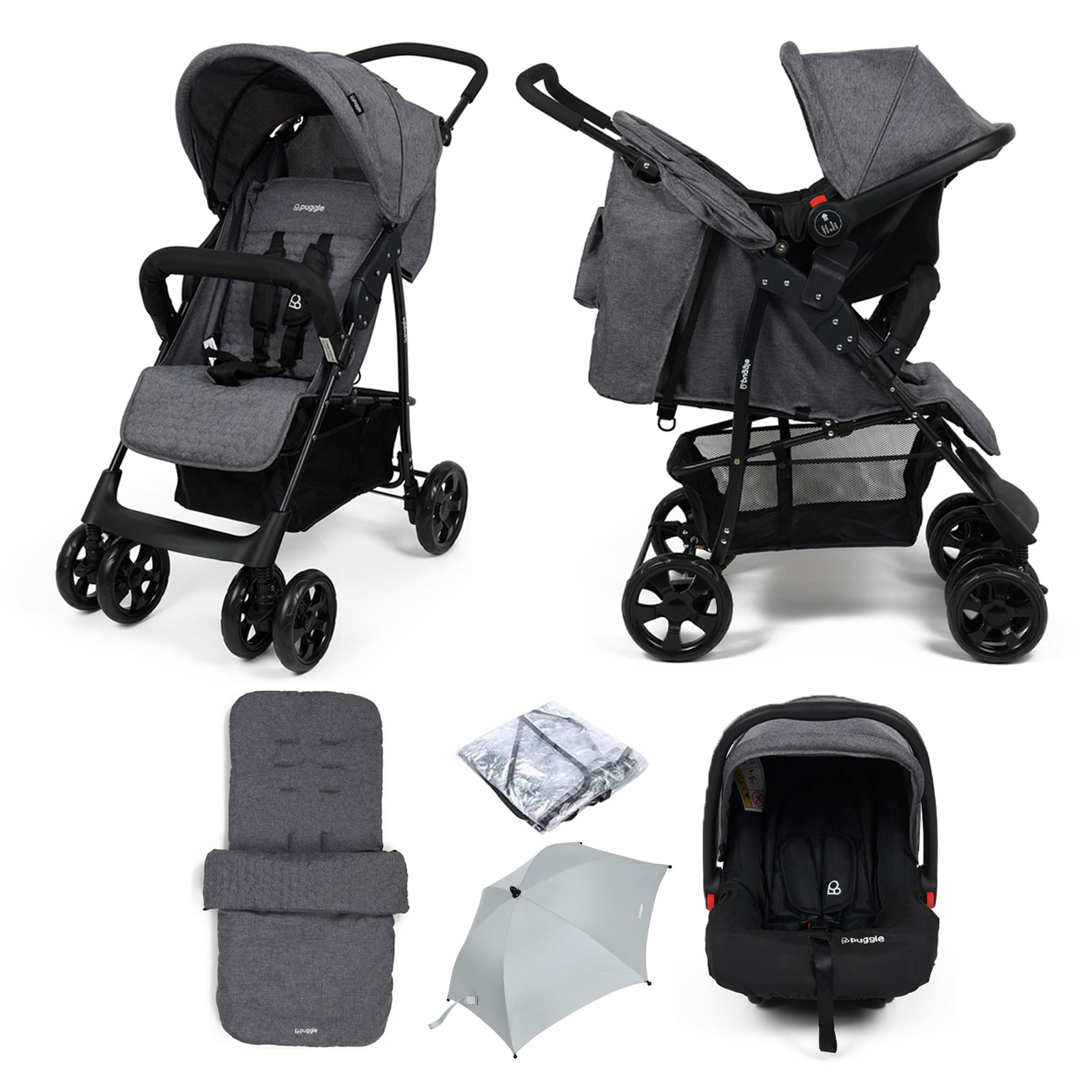 Puggle Lowton Luxe 2in1 Travel System with Raincover, Universal Honeycomb Footmuff & Parasol – Graphite Grey