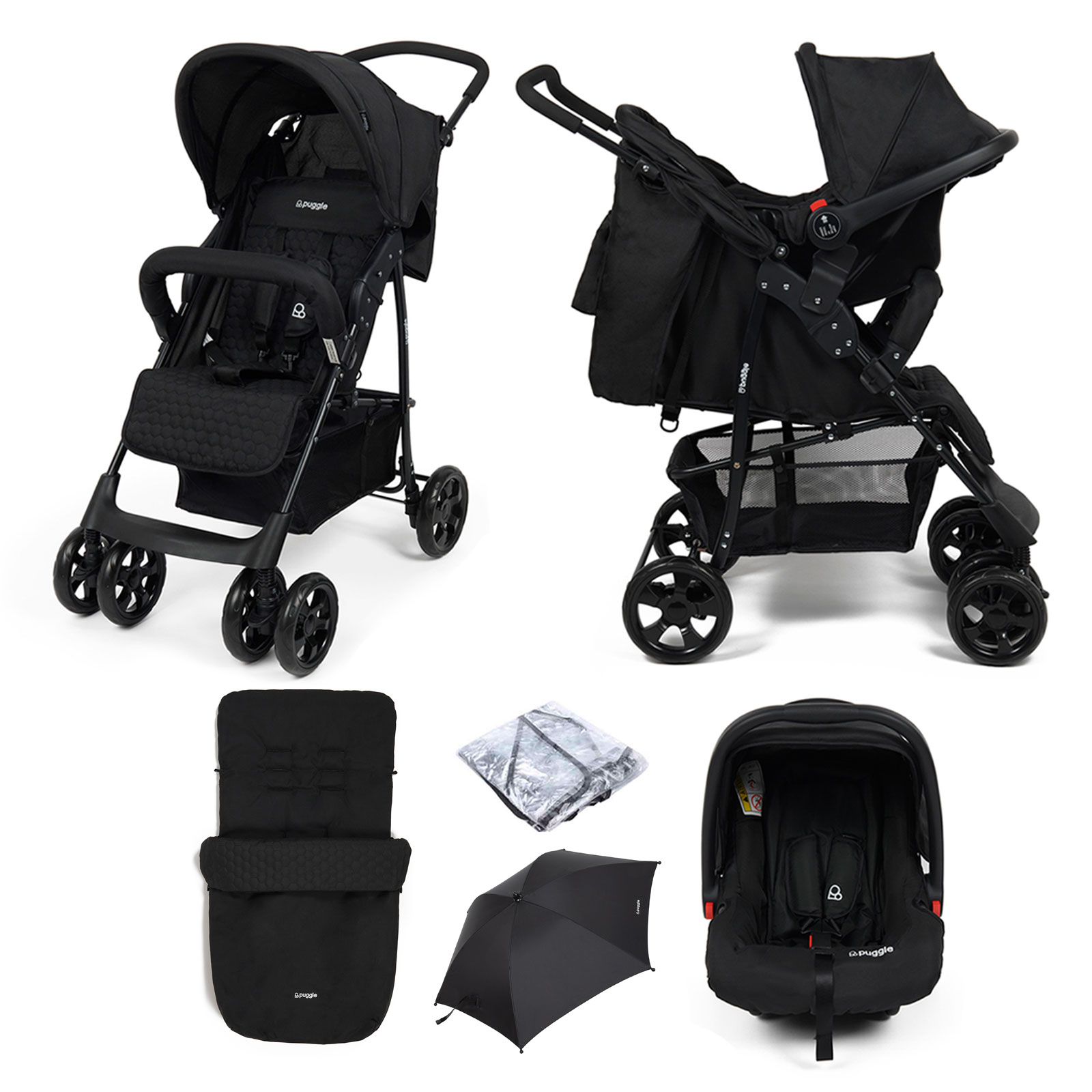 Puggle Lowton Luxe 2in1 Travel System with Raincover, Universal Honeycomb Footmuff & Parasol – Storm Black
