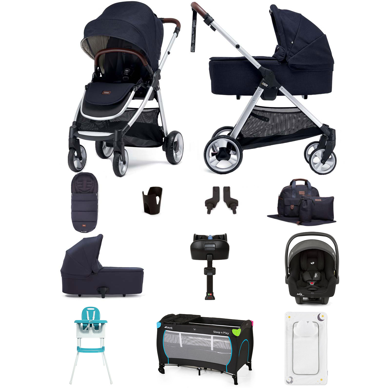 Mamas & Papas Flip XT2 12pc Essentials (Gemm Car Seat) Everything You Need Travel System Bundle with Carrycot & ISOFIX Base - Navy