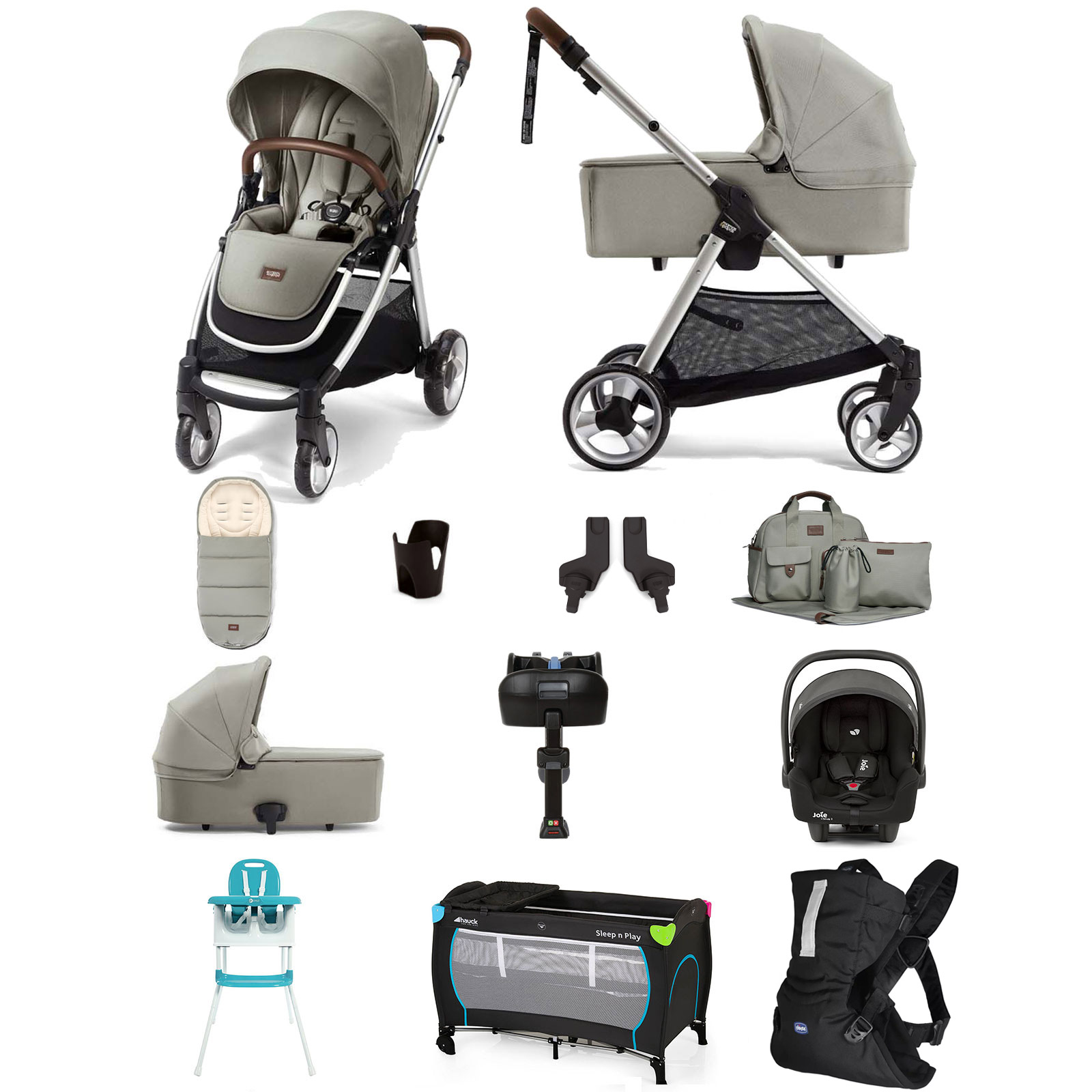 Mamas & Papas Flip XT2 12pc Essentials (Gemm Car Seat) Everything You Need Travel System Bundle with Carrycot & ISOFIX Base - Sage Green