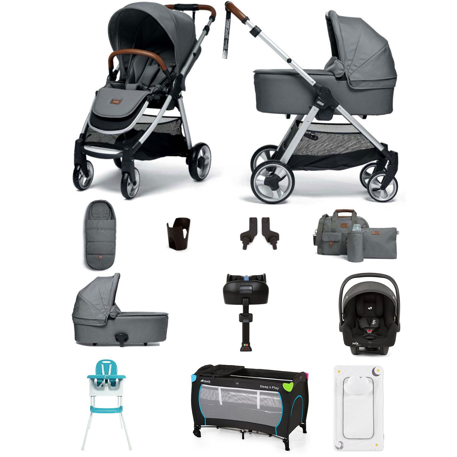 Mamas & Papas Flip XT2 12pc Essentials (Gemm Car Seat) Everything You Need Travel System Bundle Carrycot & ISOFIX Base - Fossil Grey