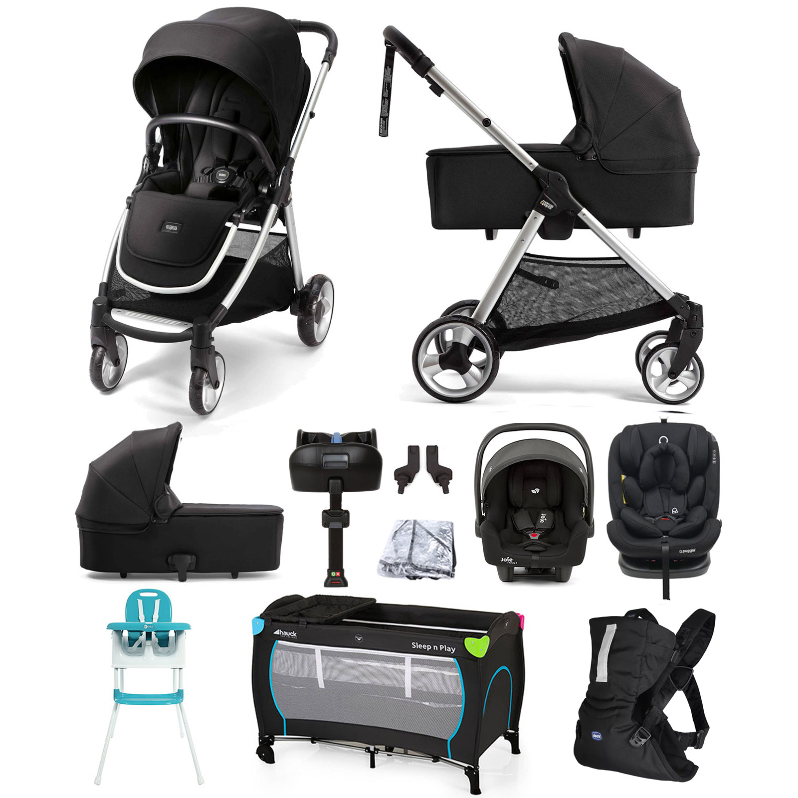 Mamas & Papas Flip XT2 10pc (Gemm & Lockton 0+123 Car Seat) Everything You Need Travel System Bundle Carrycot & ISOFIX Base - Black