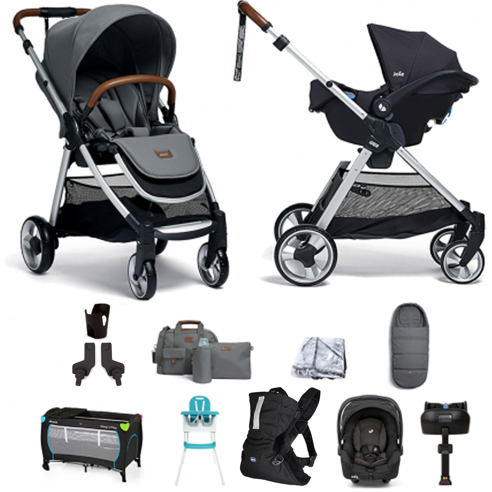 Mamas & Papas Flip XT2 11pc Essentials (Gemm Car Seat) Everything You Need Travel System Bundle with ISOFIX Base - Fossil Grey