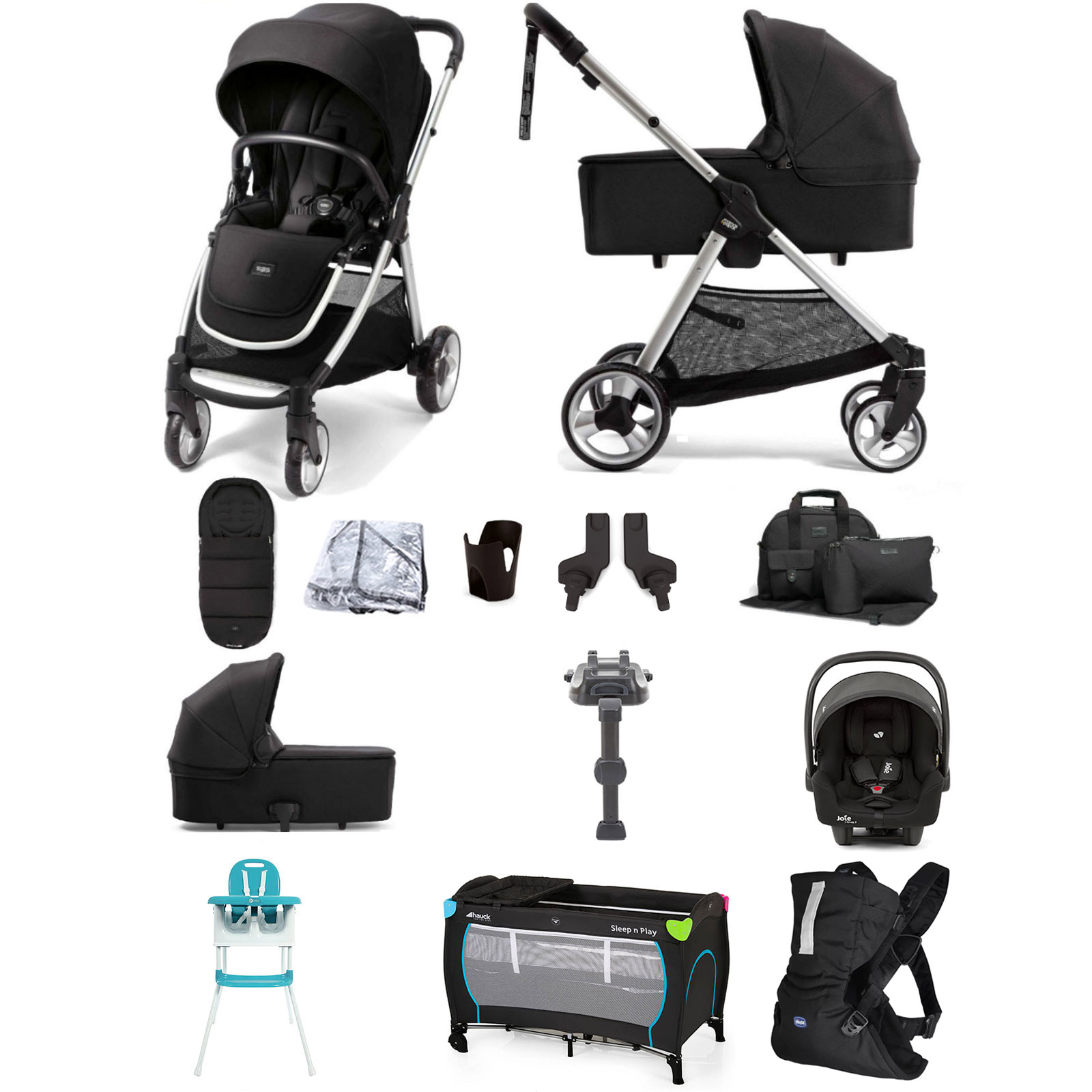 Mamas & Papas Flip XT2 12pc Essentials (i-Snug 2 Car Seat) Everything You Need Travel System Bundle with Carrycot & ISOFIX Base - Black
