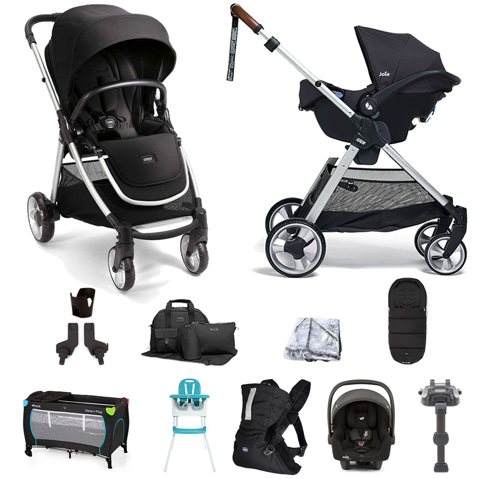 Mamas & Papas Flip XT2 11pc Essentials (i-Snug 2 Car Seat) Everything You Need Travel System Bundle with ISOFIX Base - Black