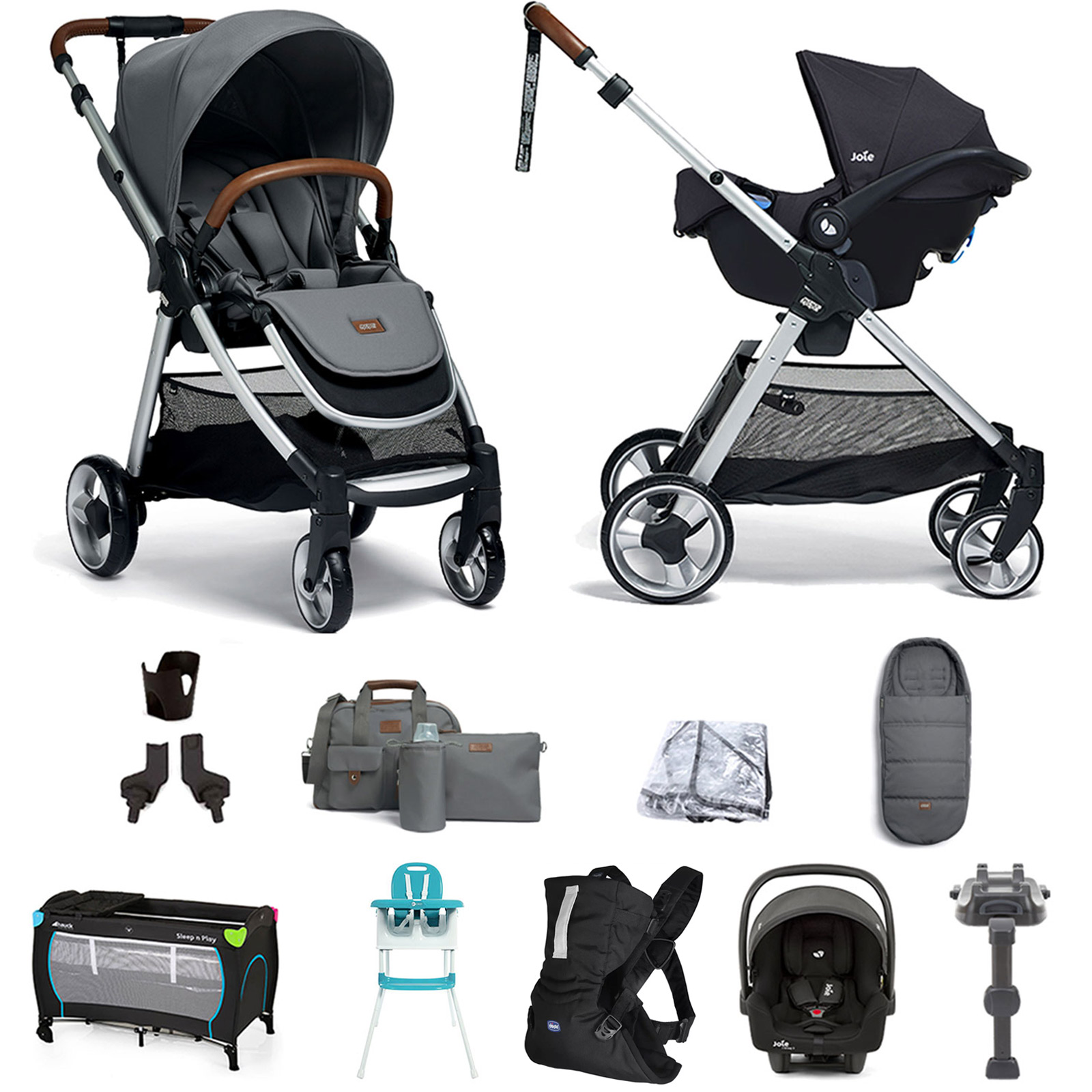 Mamas & Papas Flip XT2 11pc Essentials (i-Snug 2 Car Seat) Everything You Need Travel System Bundle with ISOFIX Base - Fossil Grey