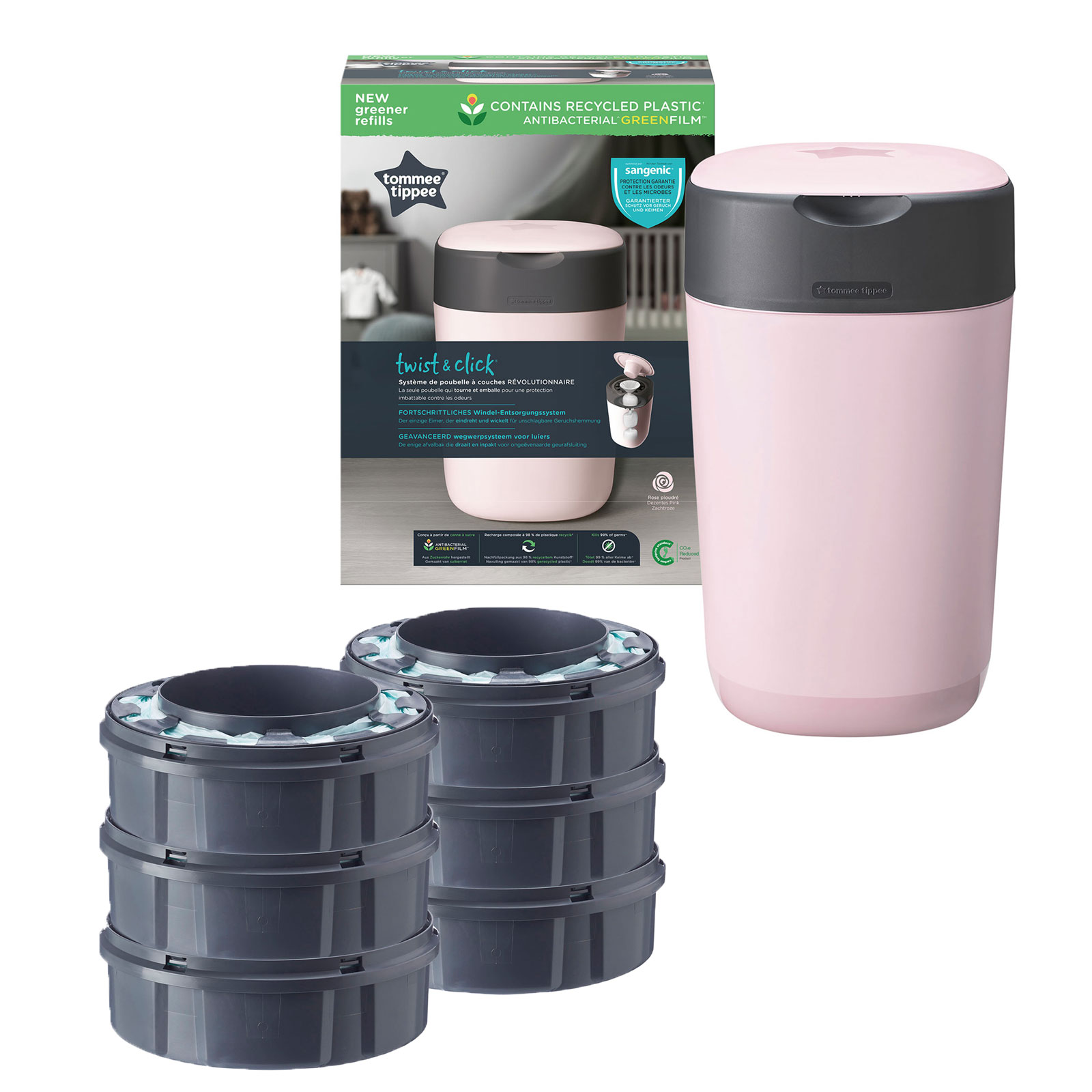 Tommee Tippee Twist & Click Nappy Disposal Bin & 6 Refills - Pink