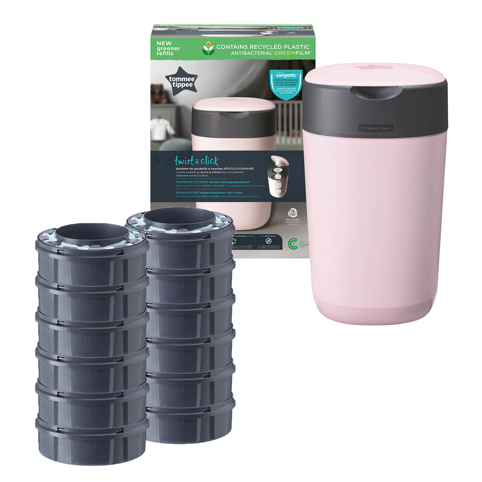 Tommee Tippee Twist & Click Nappy Disposal Bin & 12 Refills - Pink