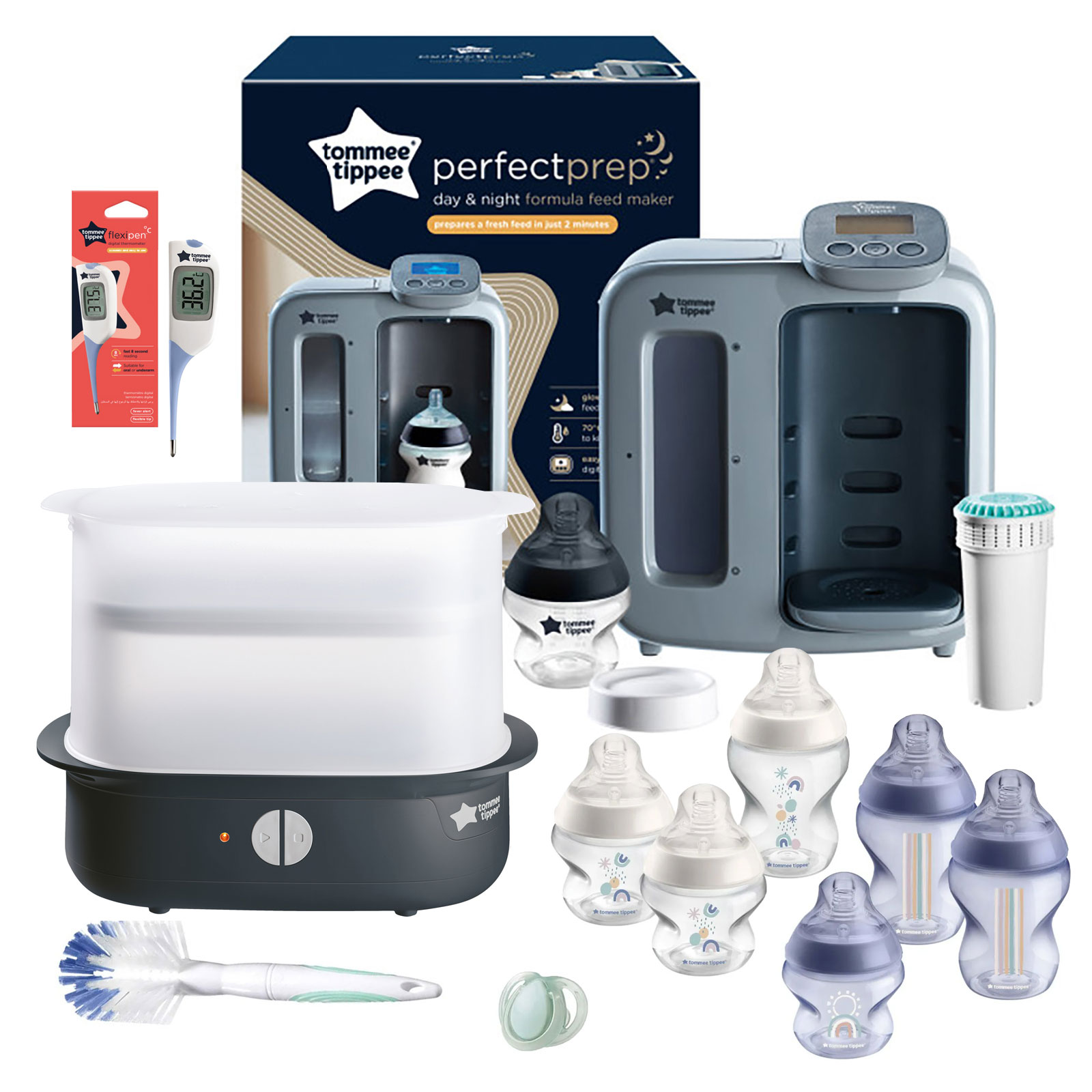 Tommee Tippee Perfect Prep Machine Instant Baby Bottle Maker Feeding Bundle with Thermometer - Grey