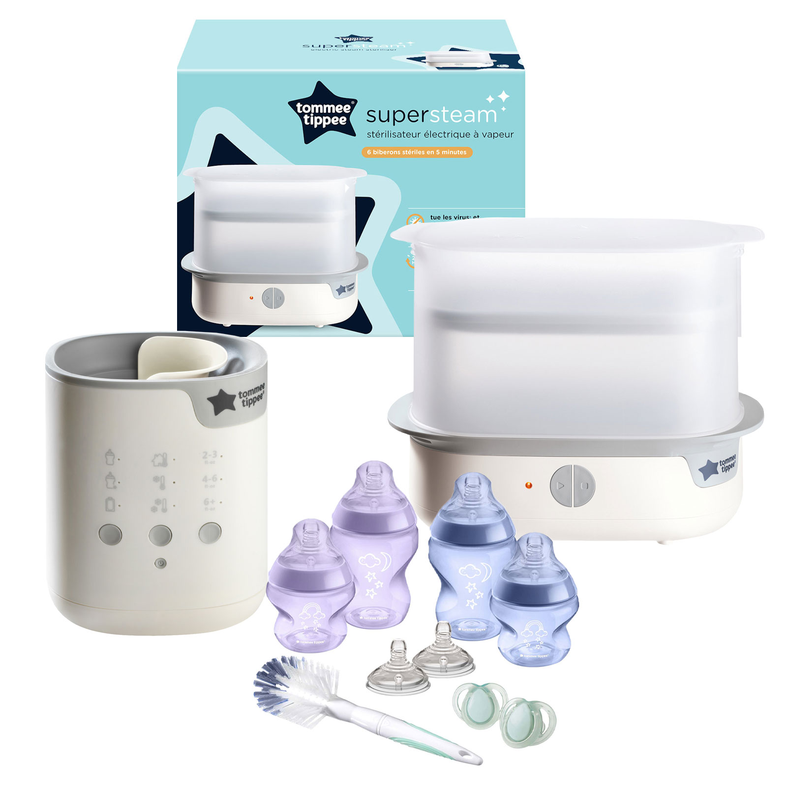 Tommee Tippee Steriliser, Bottle Warmer and Baby Bottle Feeding Bundle - White / Purple & Blue