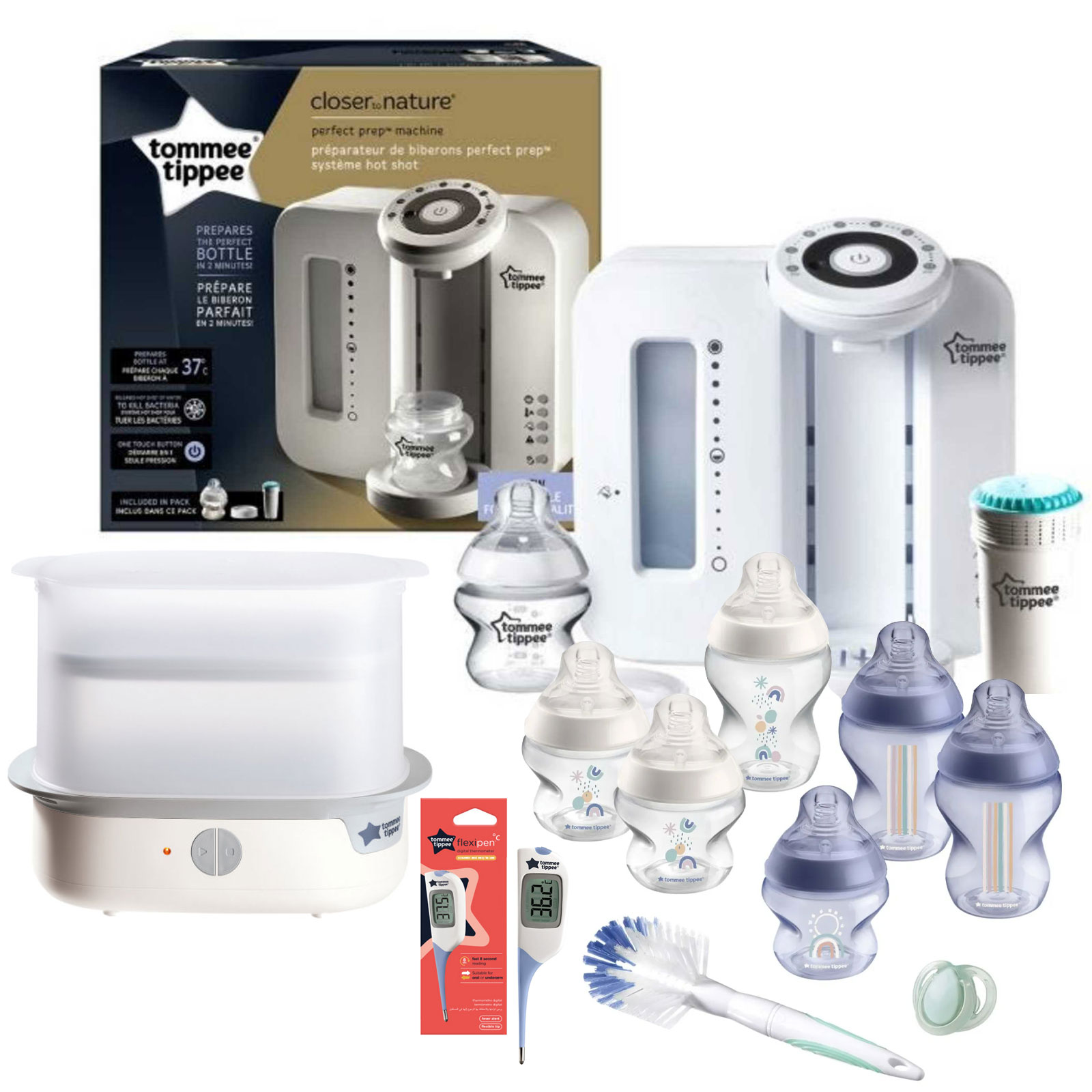 Tommee Tippee 12pc Perfect Prep Machine Electric Steriliser Anti-Colic Baby Bottle Feeding Bundle With Thermometer - White / Blue