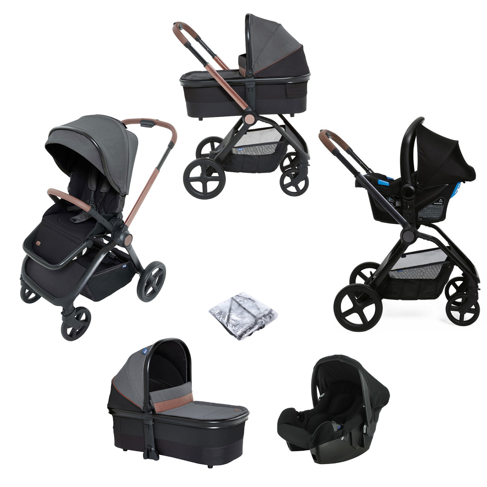 Chicco Mysa Stroller Travel System with Beone Car Seat, Carrycot & Raincover - Black Satin 