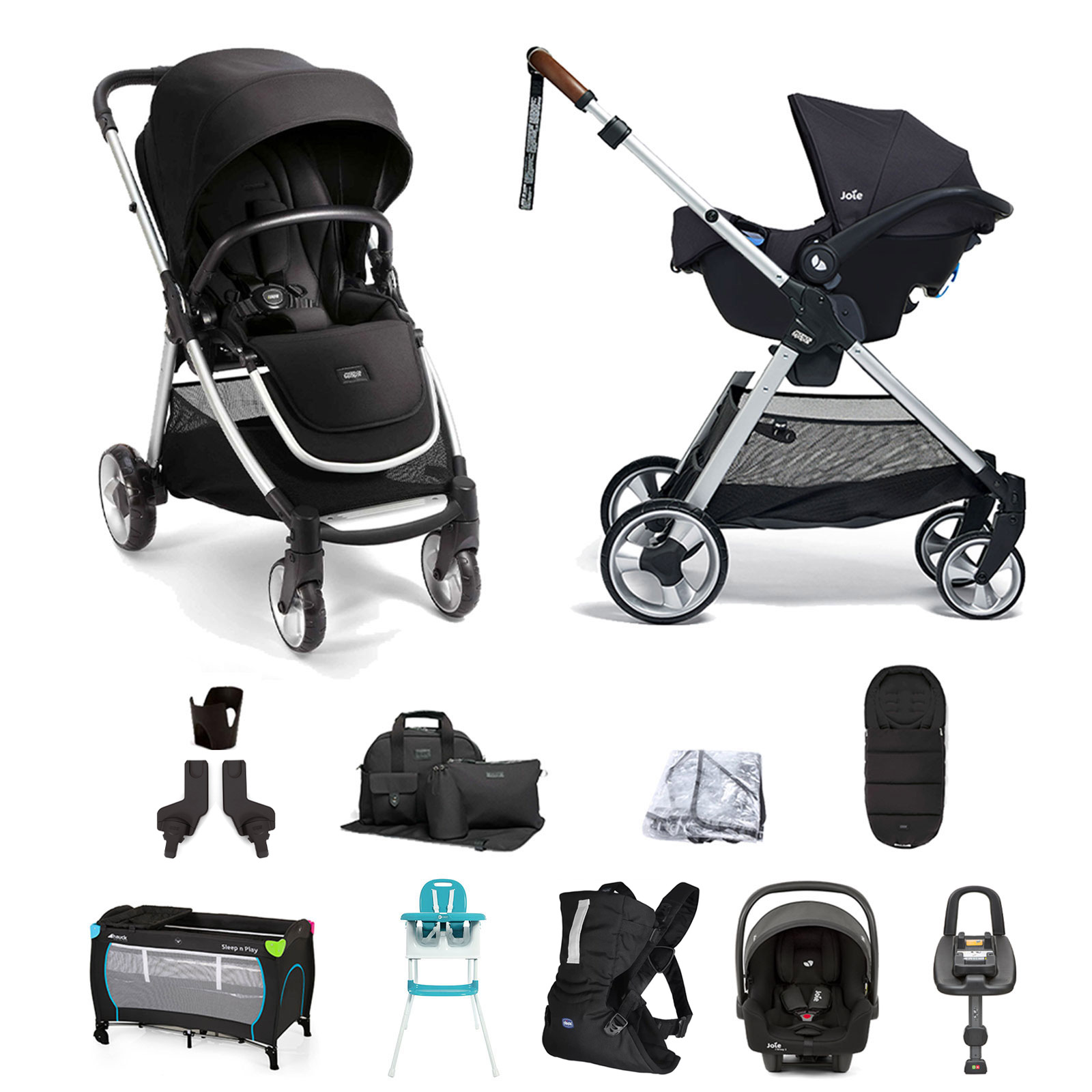 Mamas & Papas Flip XT2 11pc Essentials (i-Snug 2 Car Seat) Everything You Need Travel System Bundle with ISOFIX i-Base Advance - Black