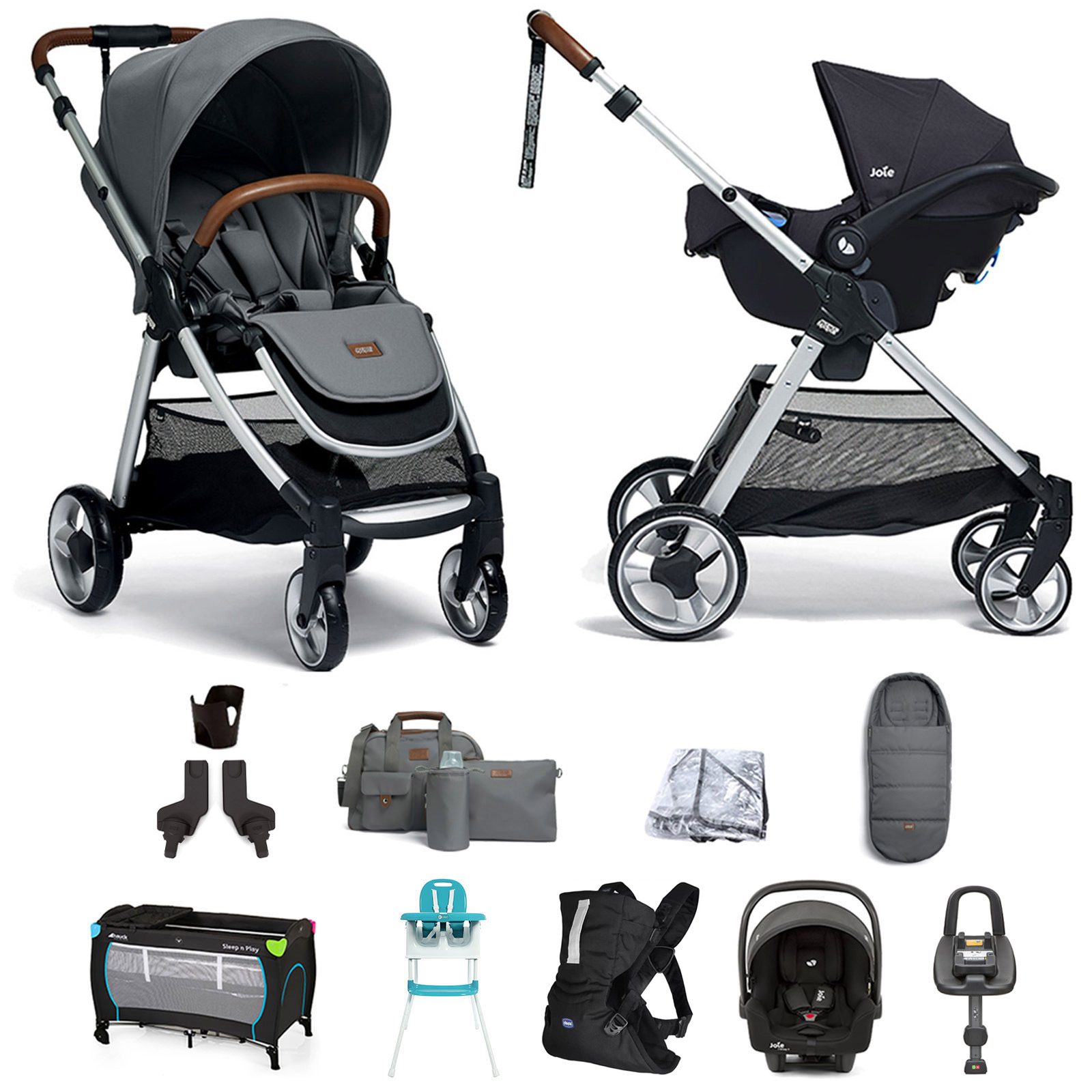 Mamas & Papas Flip XT2 11pc Essentials (i-Snug 2 Car Seat) Everything You Need Travel System Bundle with ISOFIX i-Base Advance - Fossil Grey