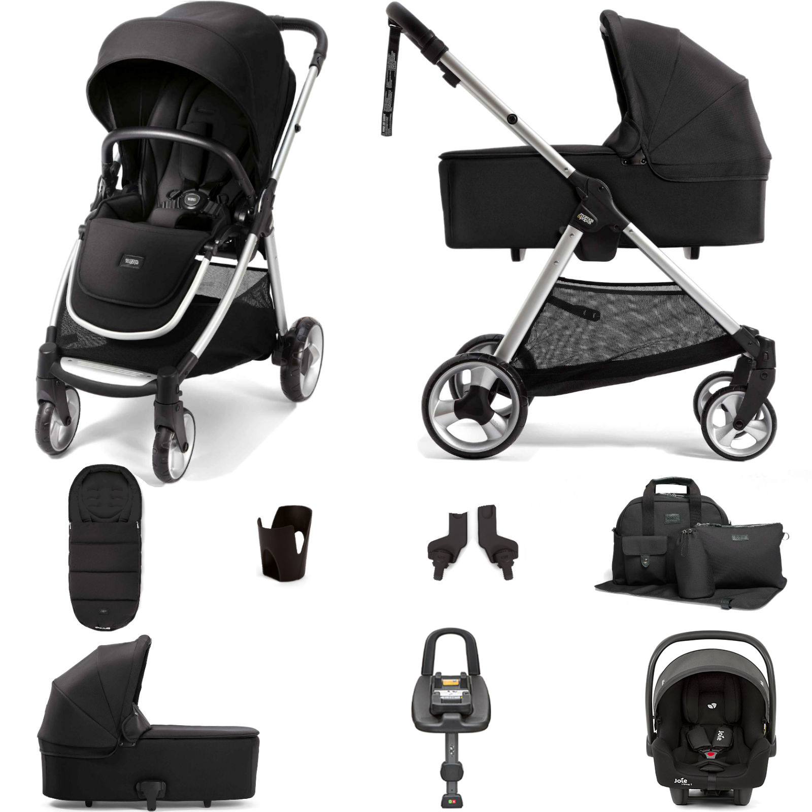Mamas & Papas Flip XT2 8pc Essentials (i-Size 2 Car Seat) Travel System with Carrycot & ISOFIX i-Base Advance - Black
