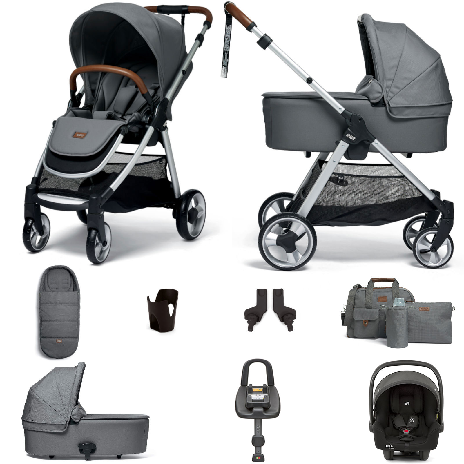 Mamas & Papas Flip XT2 8pc Essentials (i-Size 2 Car Seat) Travel System with Carrycot & ISOFIX i-Base Advance - Fossil Grey