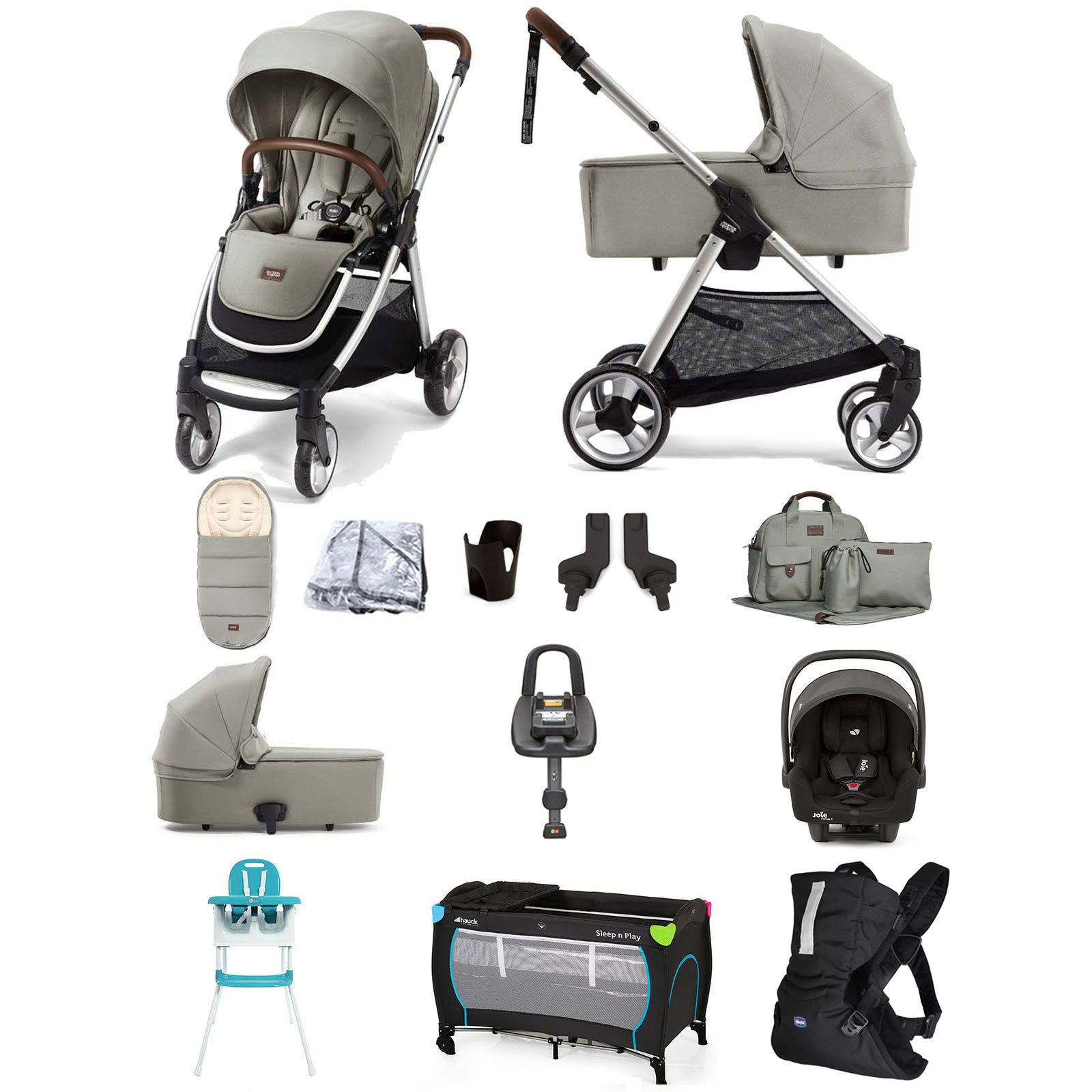 Mamas & Papas Flip XT2 12pc Essentials (i-Snug 2 Car Seat) Everything You Need Travel System Bundle with Carrycot & ISOFIX i-Base Advance - Sage Green