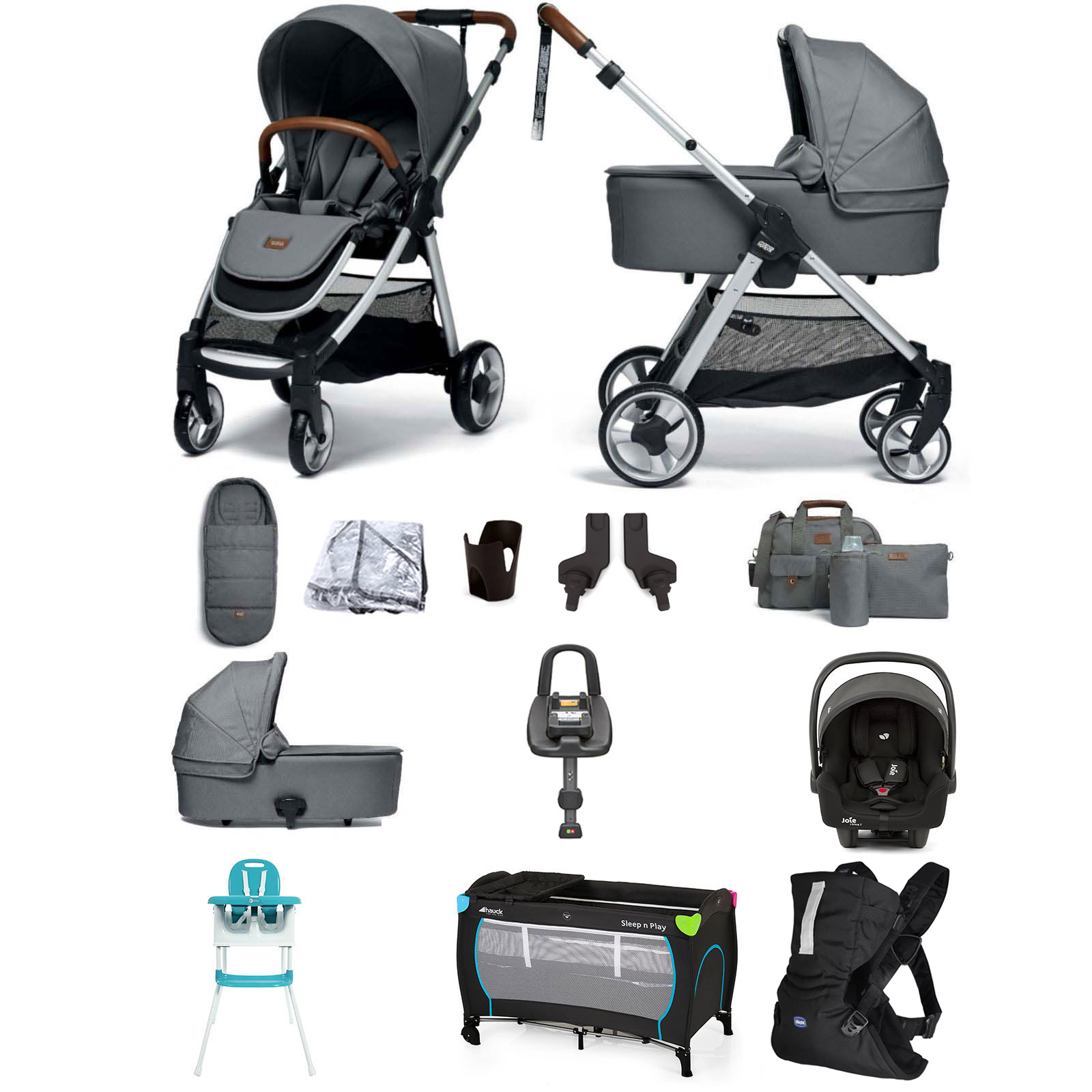 Mamas & Papas Flip XT2 12pc Essentials (i-Snug 2 Car Seat) Everything You Need Travel System Bundle with Carrycot & ISOFIX i-Base Advance - Fossil Grey