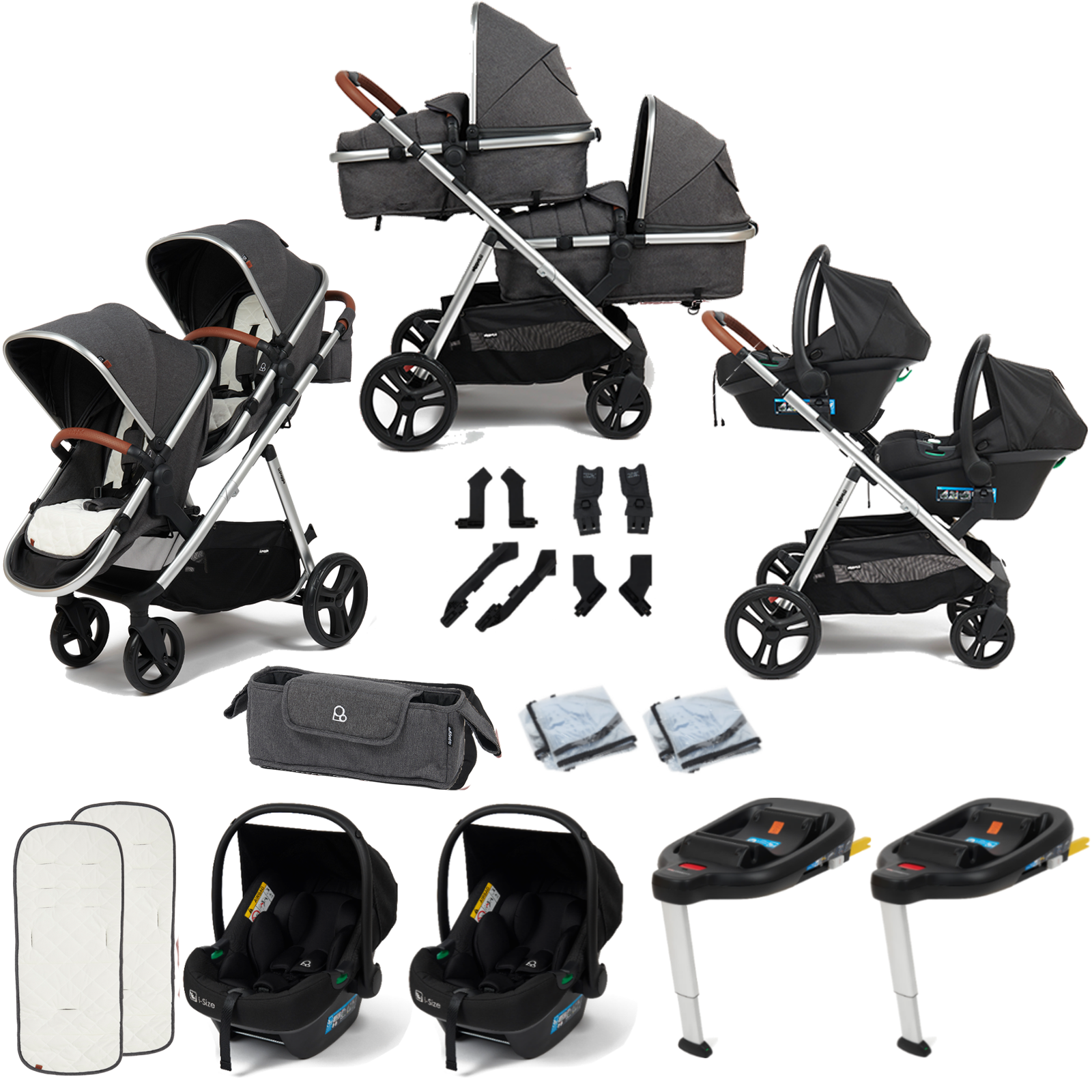 Puggle Memphis 2-in-1 Duo i-Size Double Twin Travel System with x2 ISOFIX Bases - Platinum Grey (Chrome Frame)