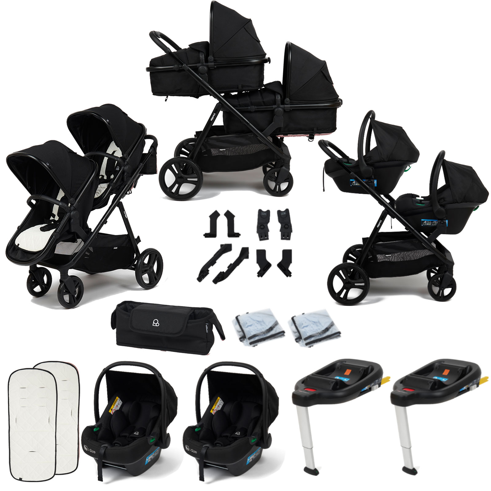Puggle Memphis 2-in-1 Duo i-Size Double Twin Travel System with x2 ISOFIX Bases – Midnight Black