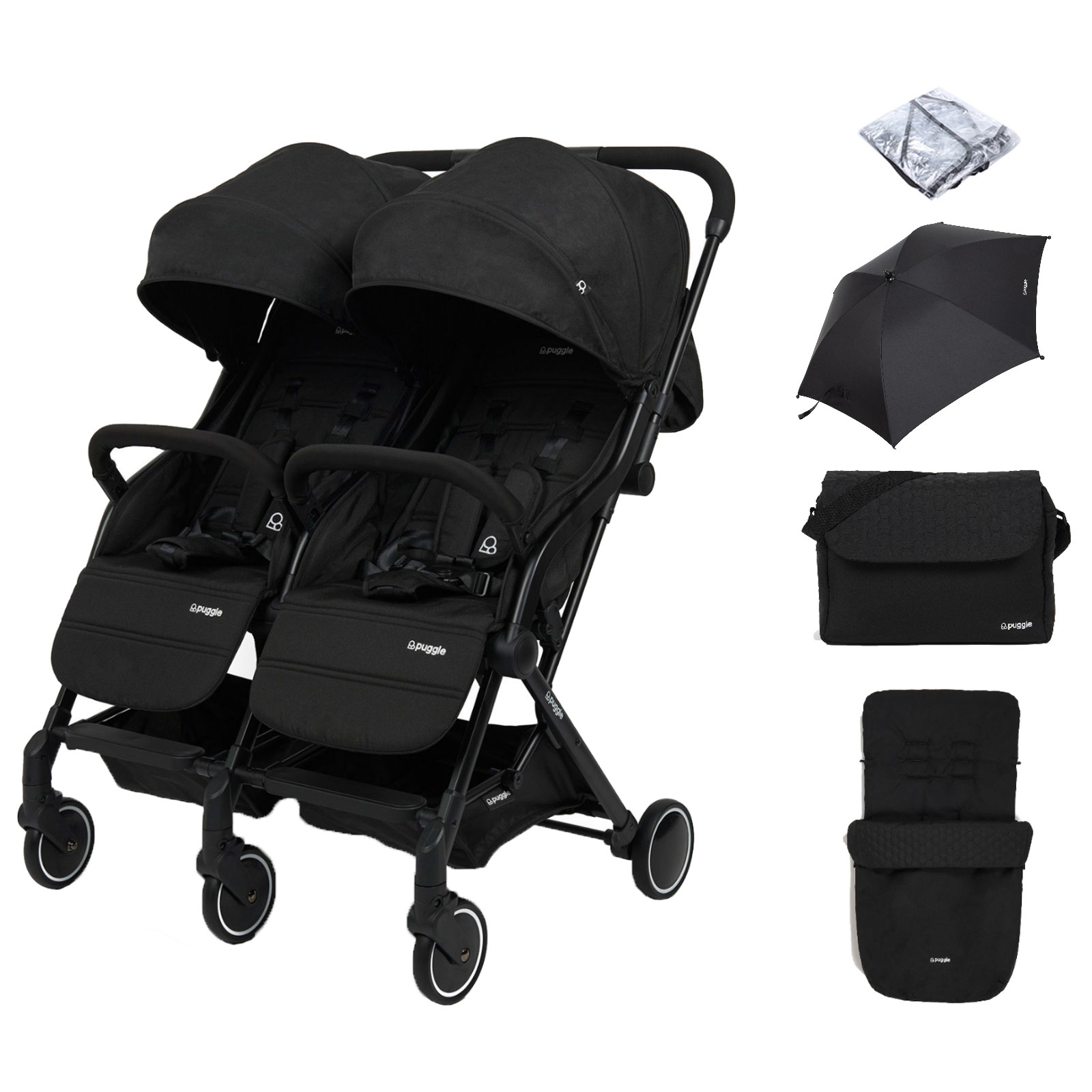 Puggle City Traveller Compact Fold Twin Pushchair with Footmuff, Parasol & Changing Bag – Storm Black