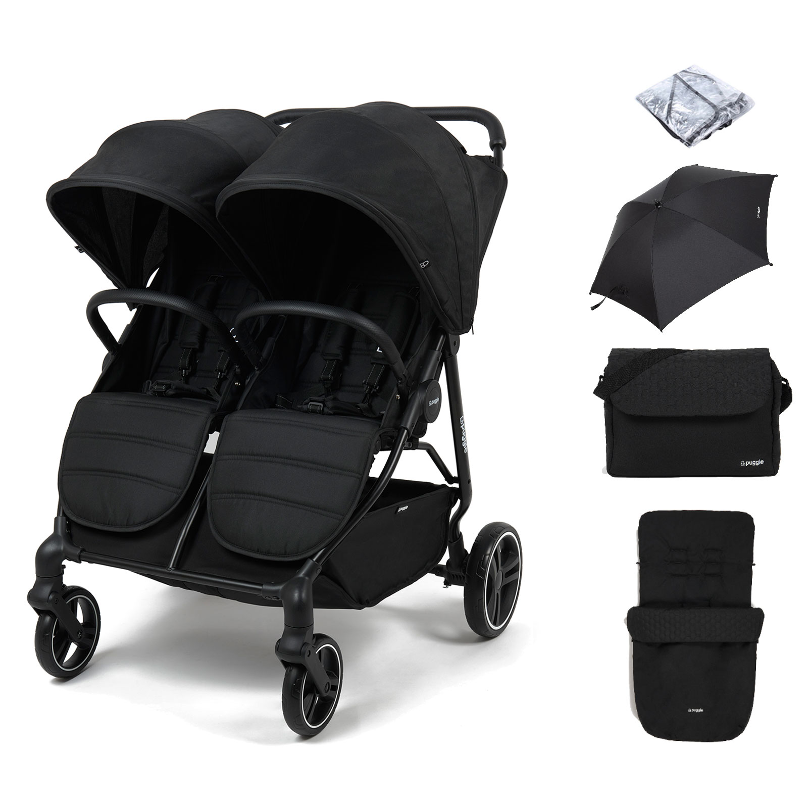 Puggle Urban City Easyfold Twin Pushchair with Footmuff, Parasol & Changing Bag – Storm Black
