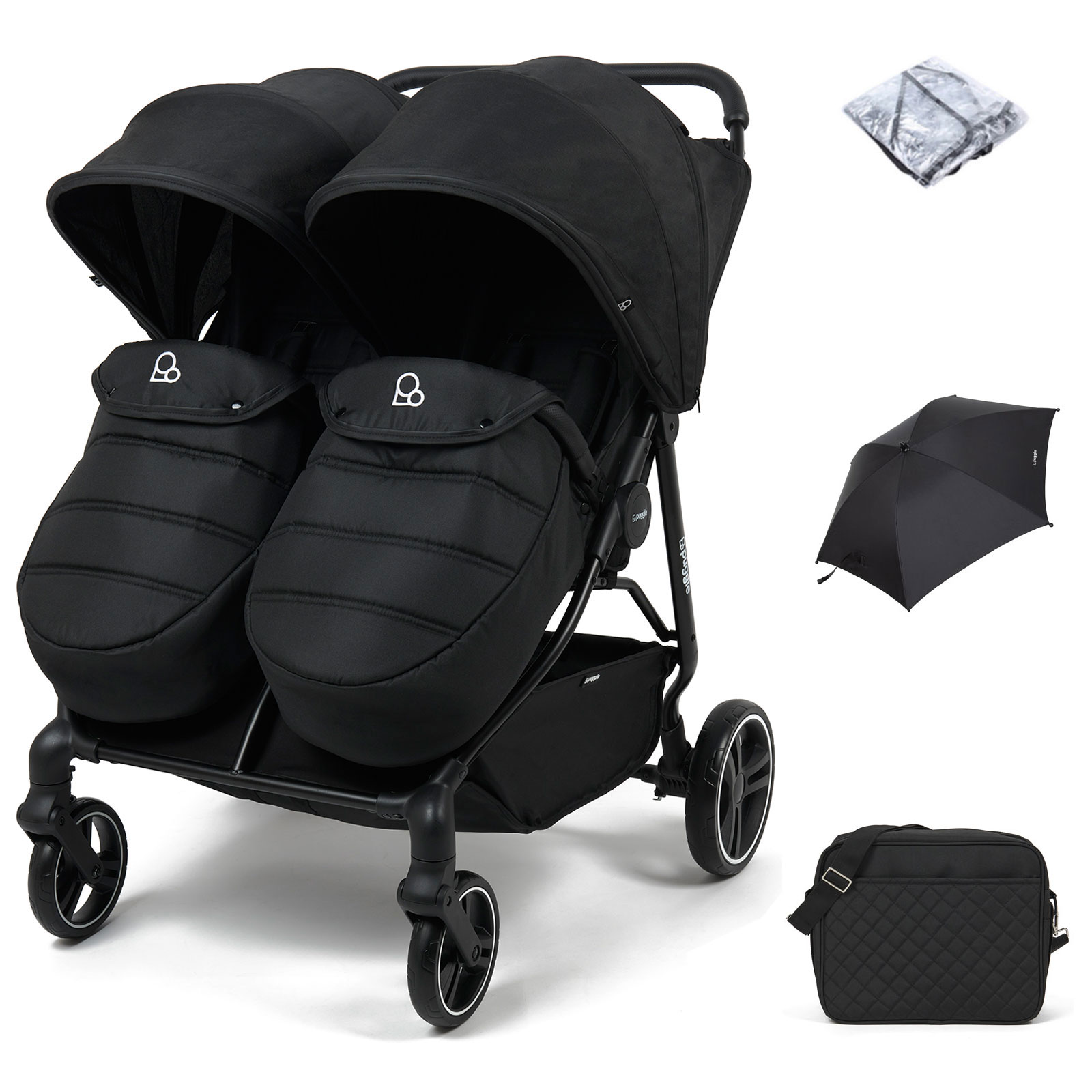 Puggle Urban City Easyfold Twin Pushchair with Footmuff, Parasol & Changing Bag - Storm Black