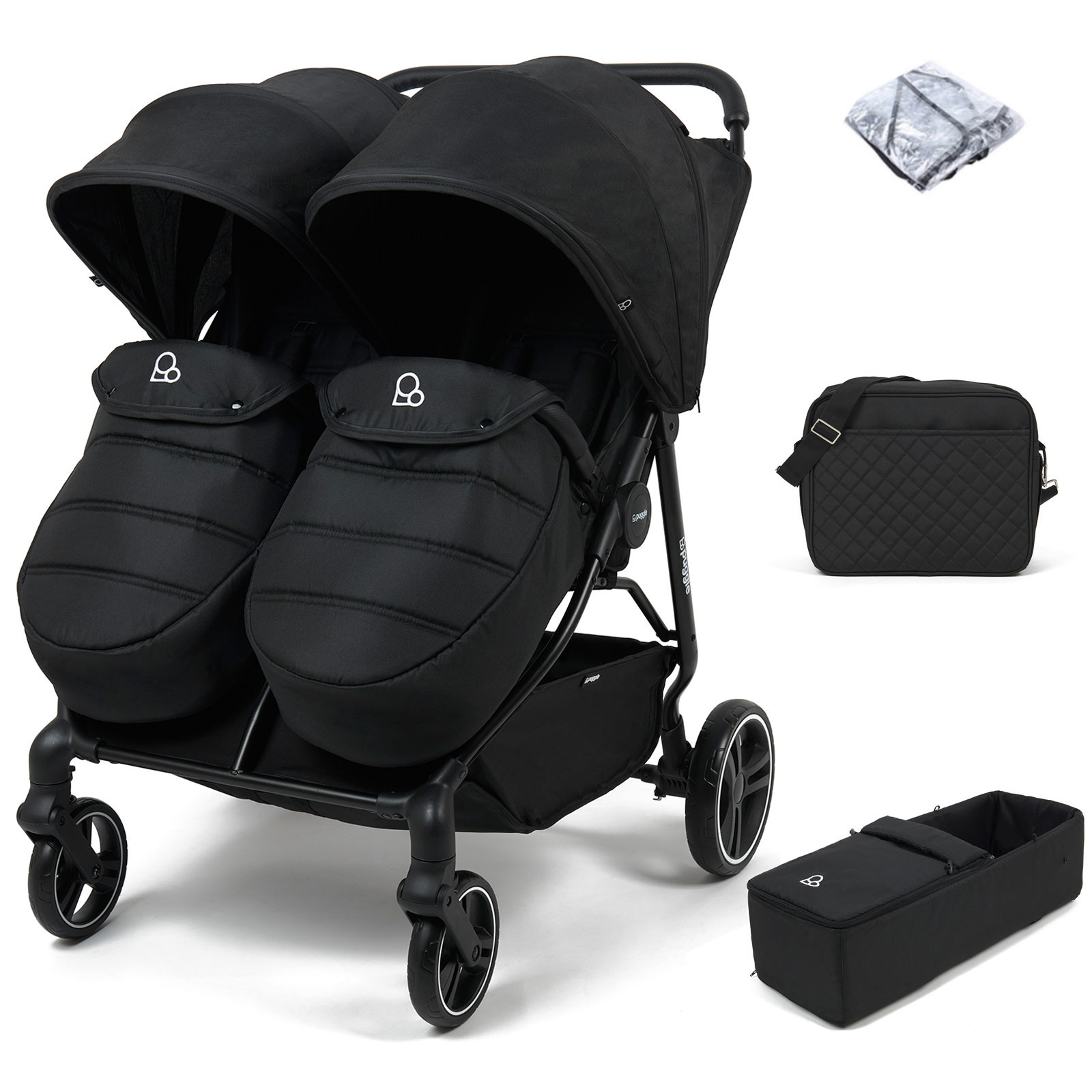 Puggle Urban City Easyfold Twin Pushchair with Footmuff, Soft Carrycot & Changing Bag - Storm Black