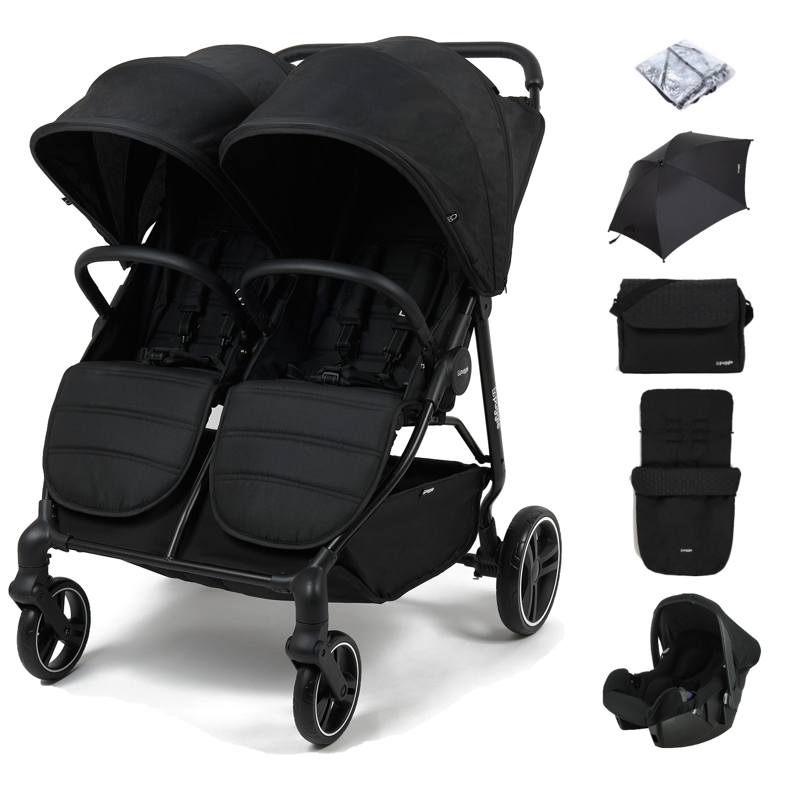 Puggle Urban City Easyfold Twin Pushchair with Beone Car Seat, Footmuff, Parasol & Changing Bag – Storm Black