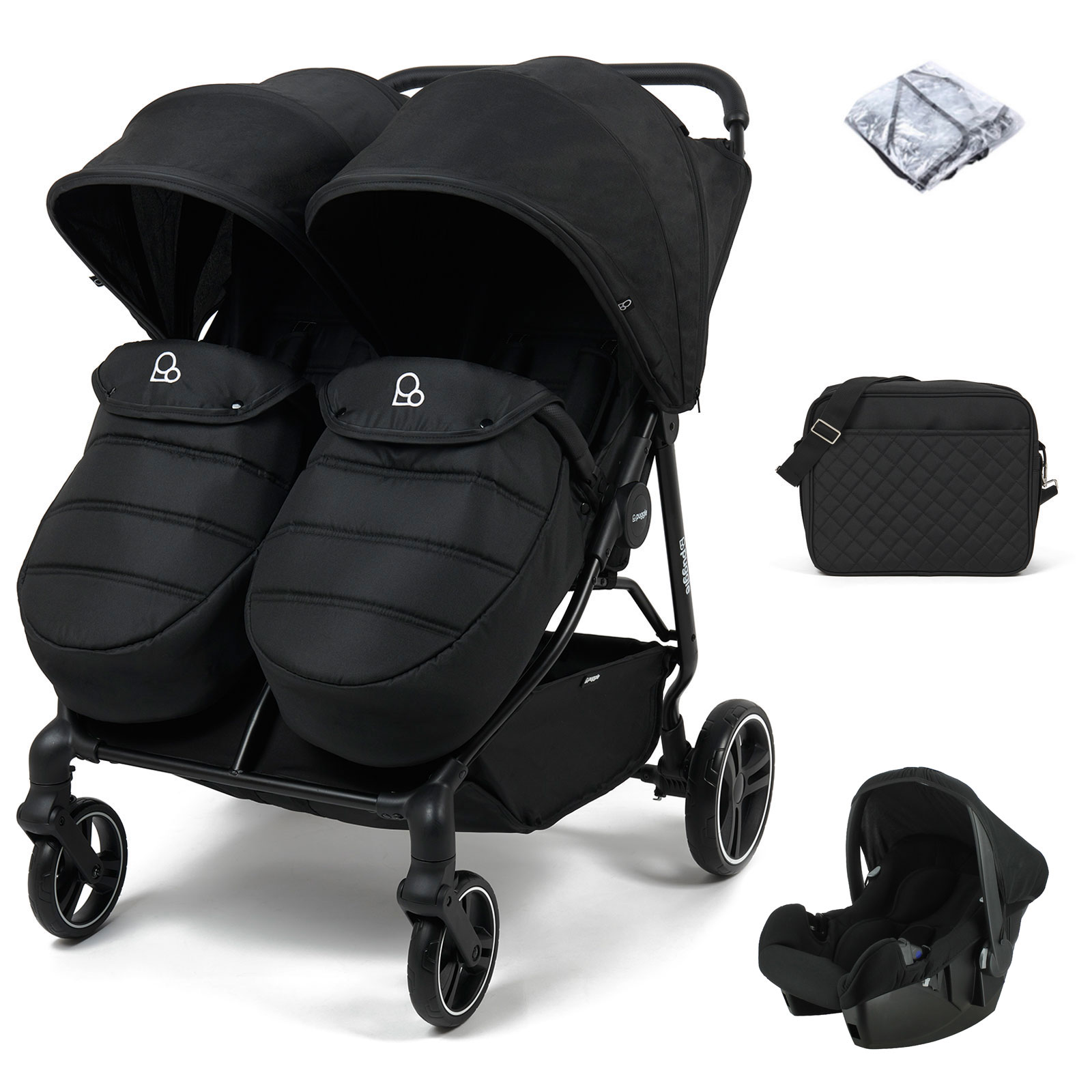 Puggle Urban City Easyfold Twin Pushchair with Footmuffs, Beone Car Seat & Changing Bag - Storm Black