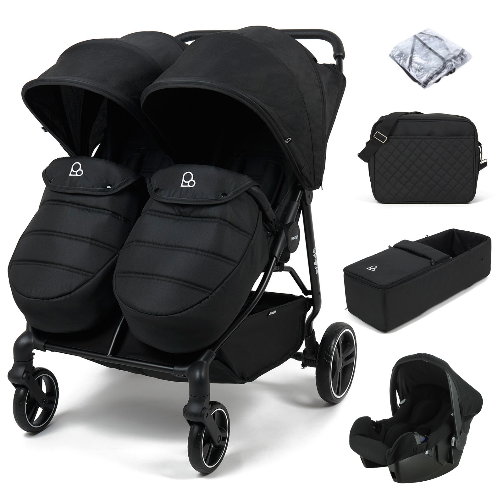 Puggle Urban City Easyfold Twin Pushchair with Footmuffs, Beone Car Seat, Carrycot & Changing Bag - Storm Black