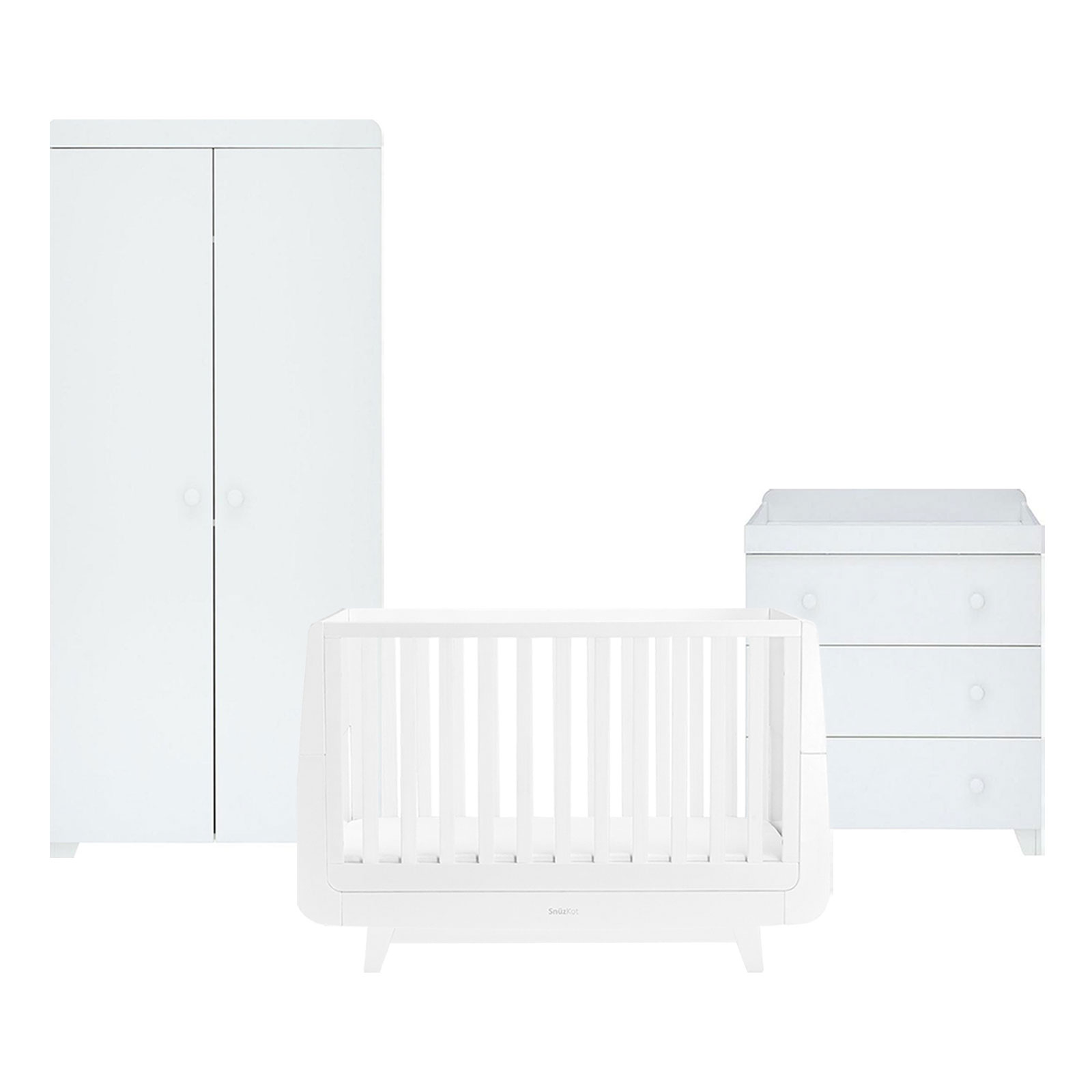 SnuzKot Luxe Cot Bed, Dresser, and Wardrobe with Fibre Mattress - White