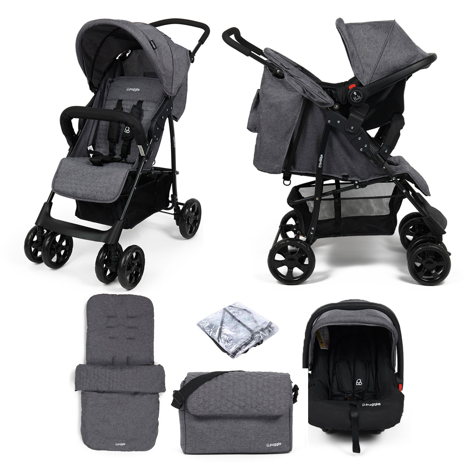 Puggle Lowton Luxe 2in1 Travel System with Raincover, Universal Honeycomb Footmuff & Changing Bag – Graphite Grey