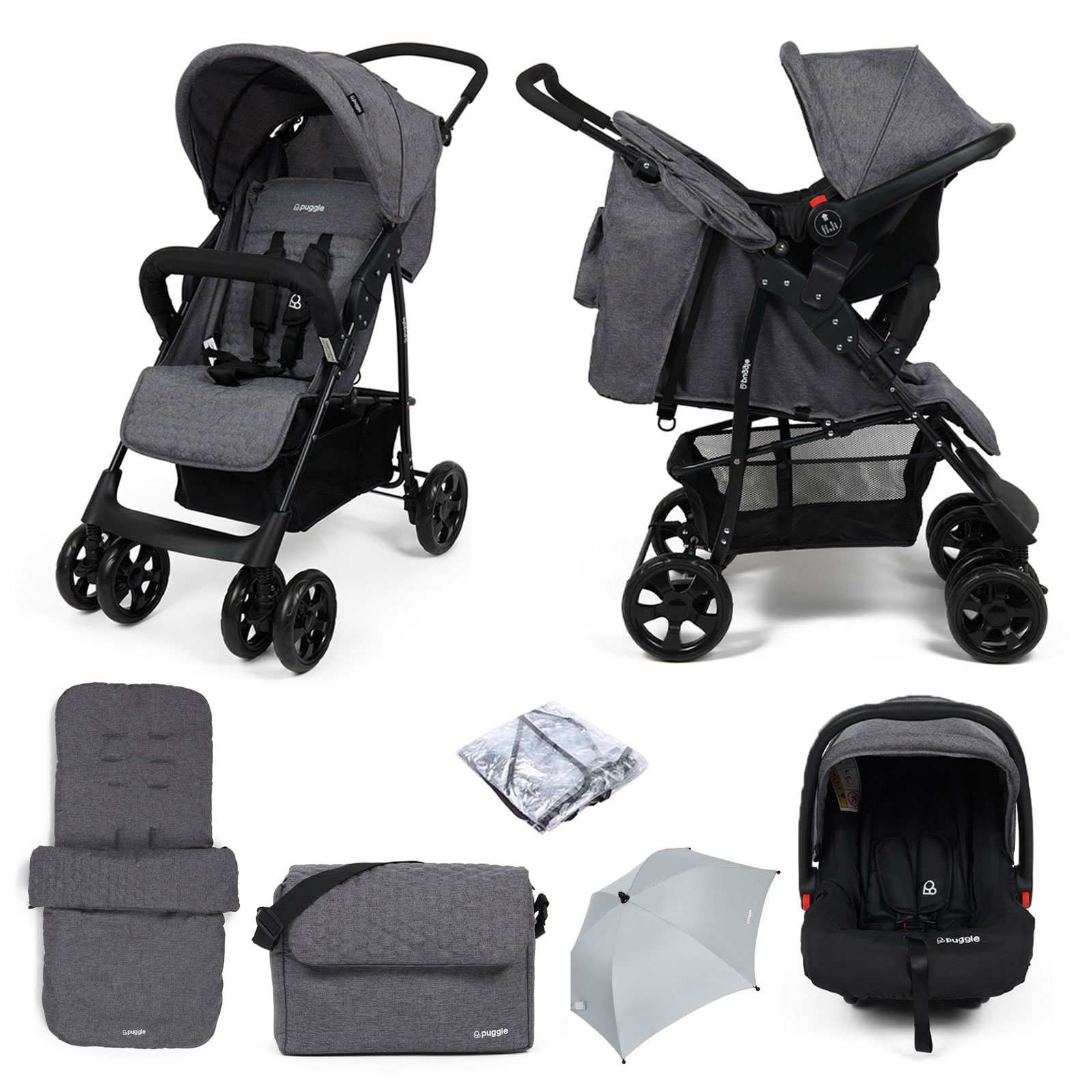Puggle Lowton Luxe 2in1 Travel System with Raincover, Universal Honeycomb Footmuff, Changing Bag & Parasol – Graphite Grey