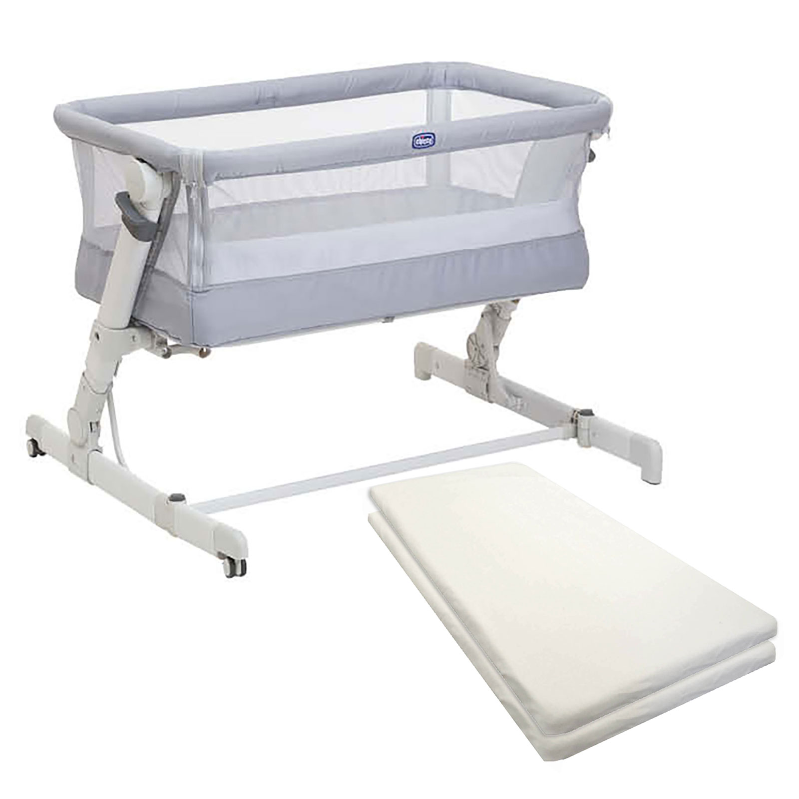 Chicco Next2Me Pop-up 3in1 Co-Sleeping Bedside Crib & 2 White Fitted Sheets – Grey Mist