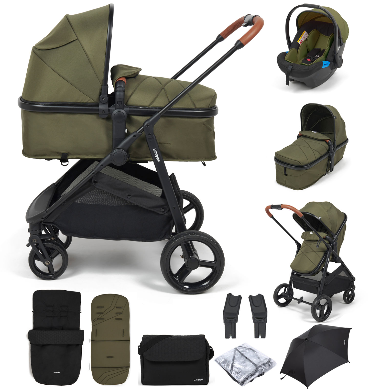 Puggle Monaco XT 2in1 Pram Pushchair Travel System with Parasol, Footmuff & Bag - Forest Green