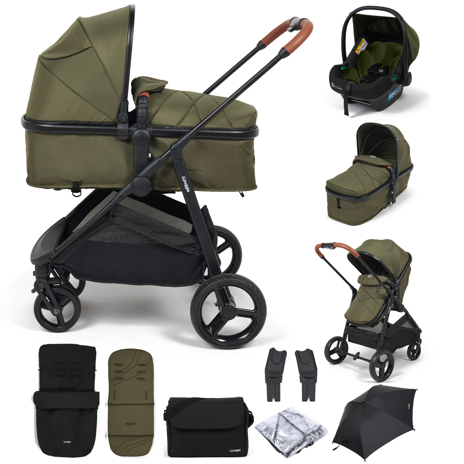 Puggle Monaco XT 2in1 i-Size Pram Pushchair Travel System with Parasol, Footmuff & Bag - Forest Green